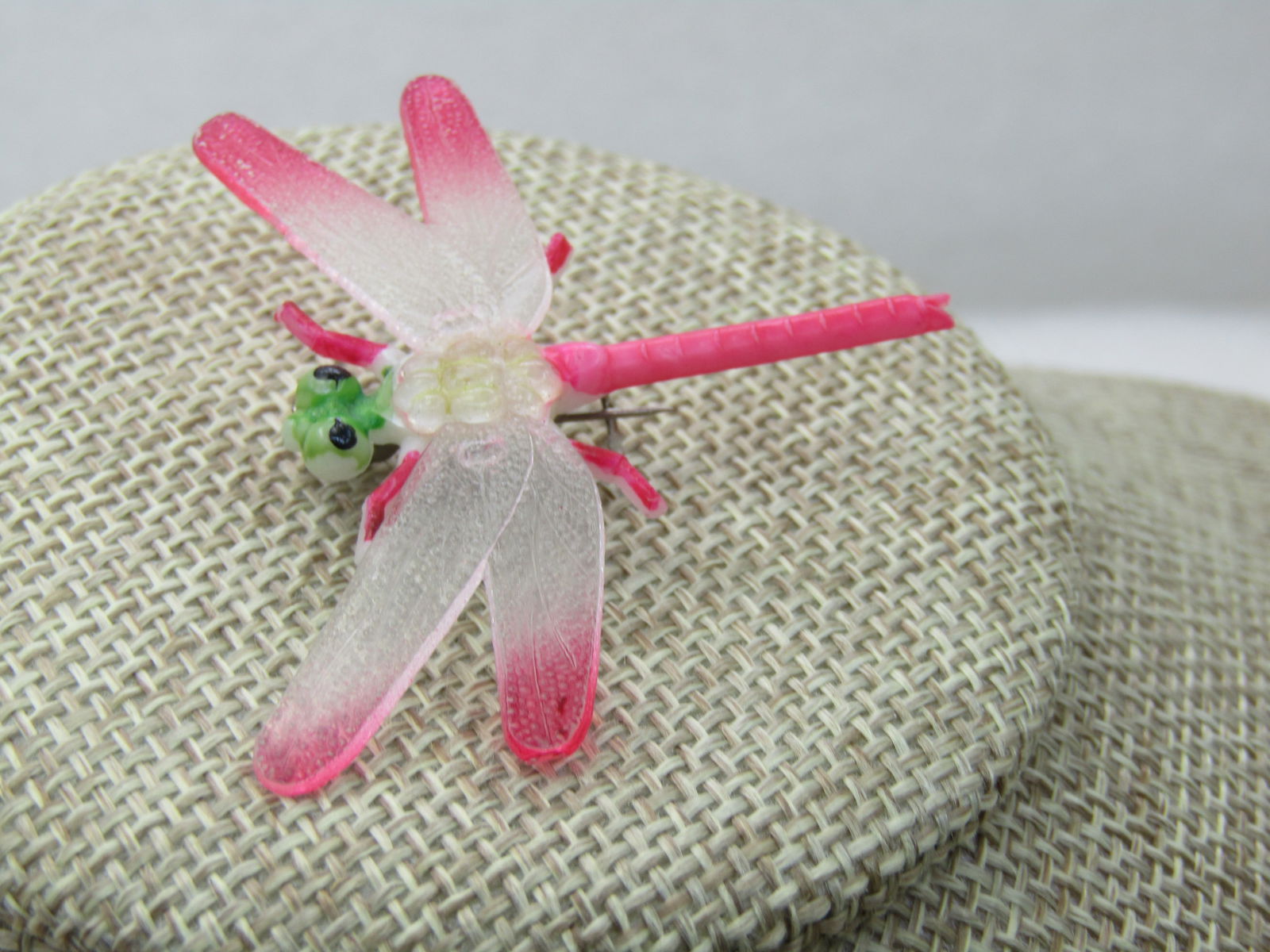 Vintage Pink Dragonfly Brooch, 1.5" Long, 17.5" wide, Plastic - 2