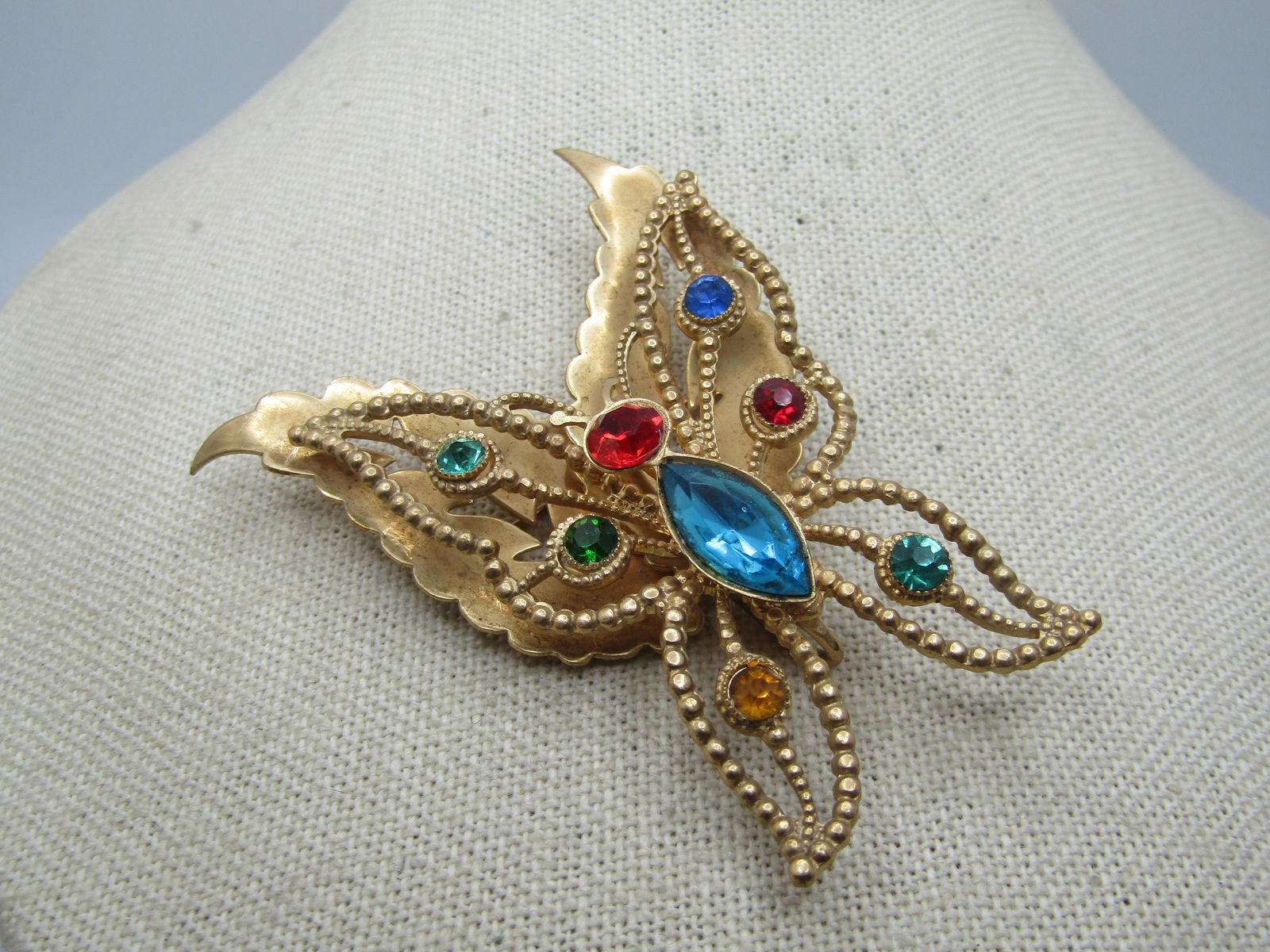 Vintage Butterfly & Rhinestone Brooch, With Leaves, 1950's-1960's - 2