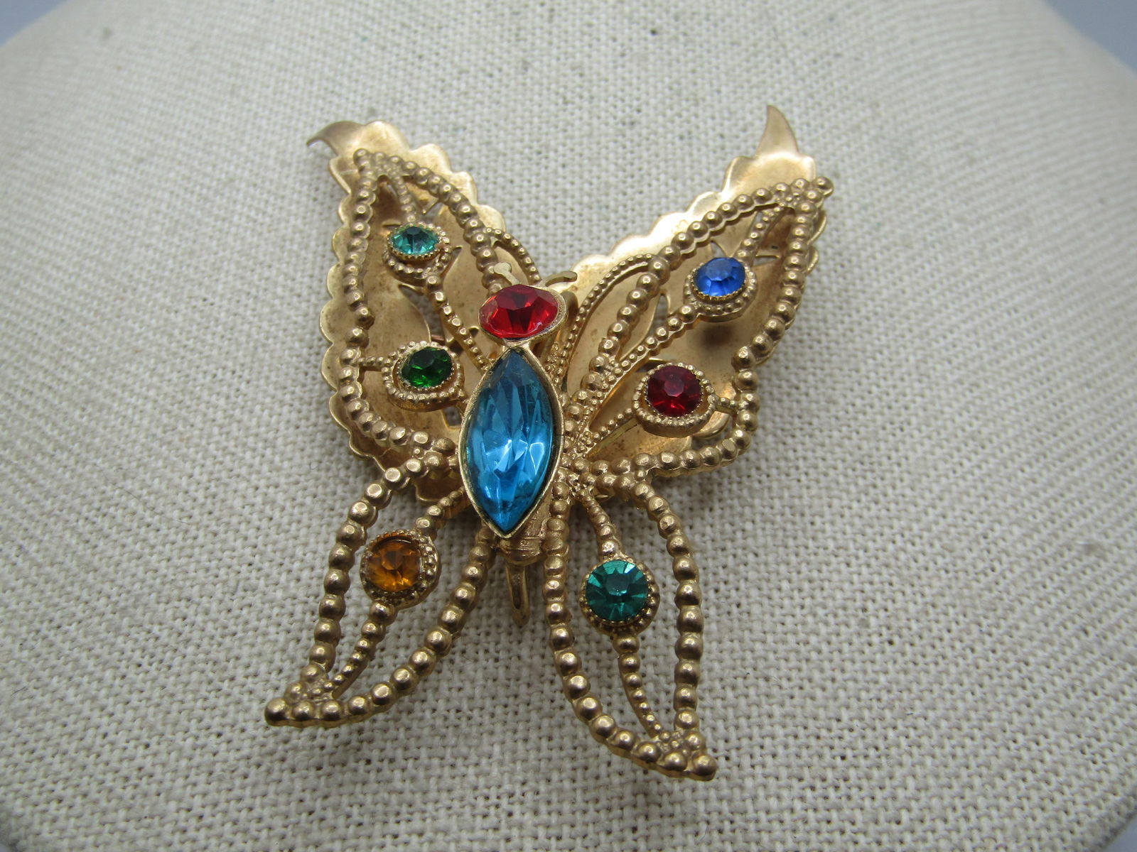 Vintage Butterfly & Rhinestone Brooch, With Leaves, 1950's-1960's - 3