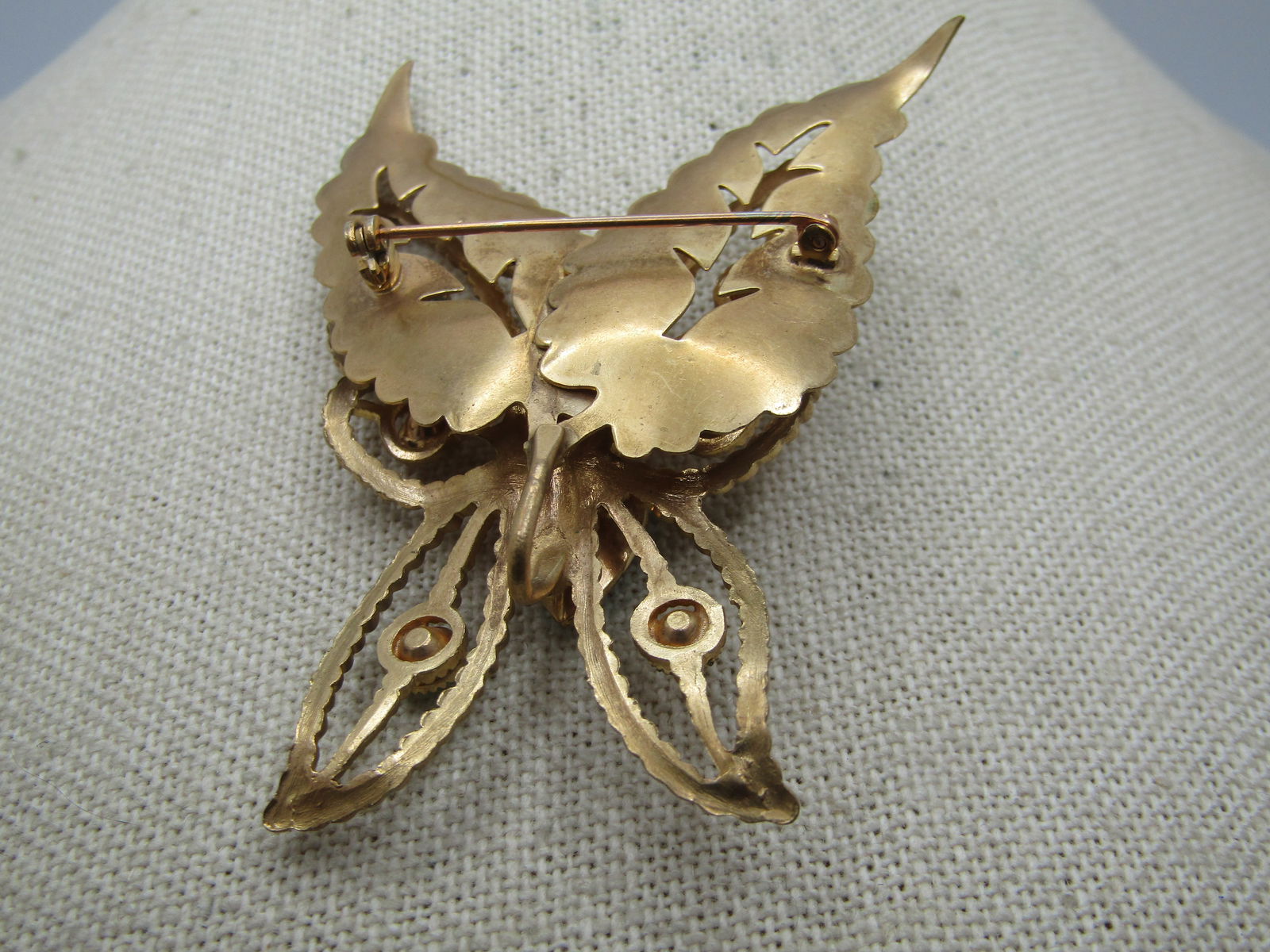Vintage Butterfly & Rhinestone Brooch, With Leaves, 1950's-1960's - 4