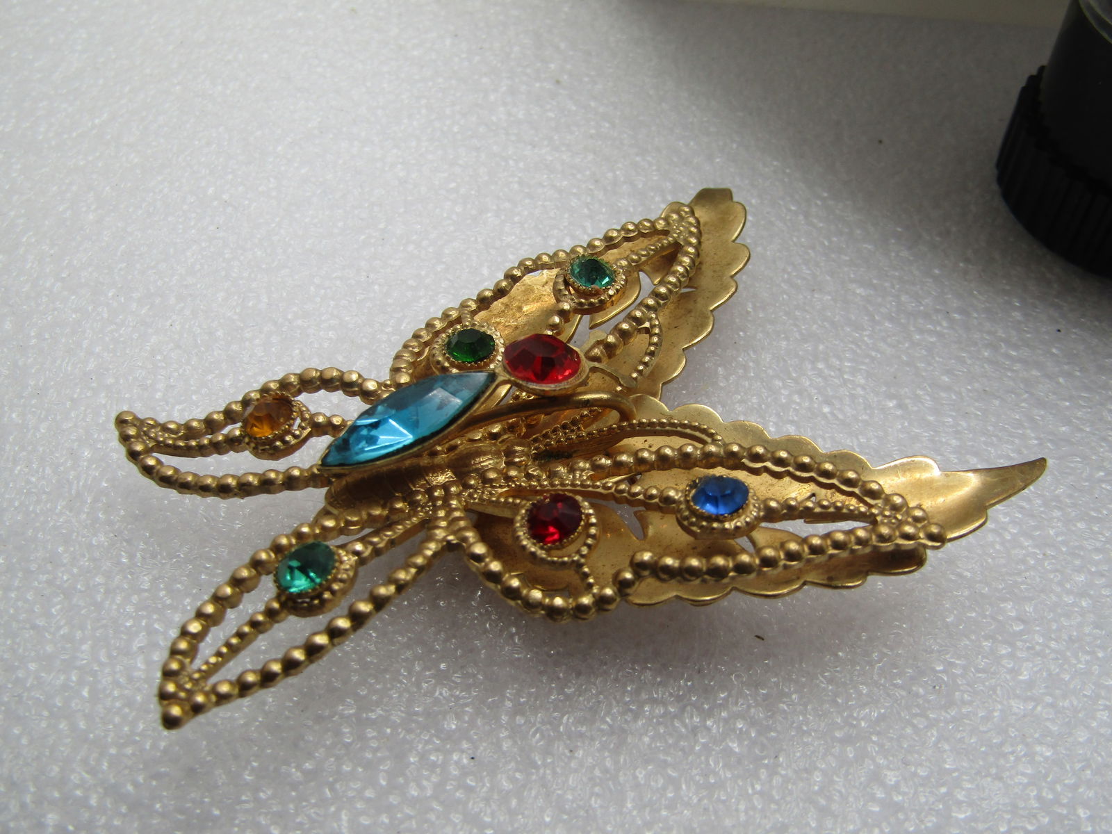 Vintage Butterfly & Rhinestone Brooch, With Leaves, 1950's-1960's - 5