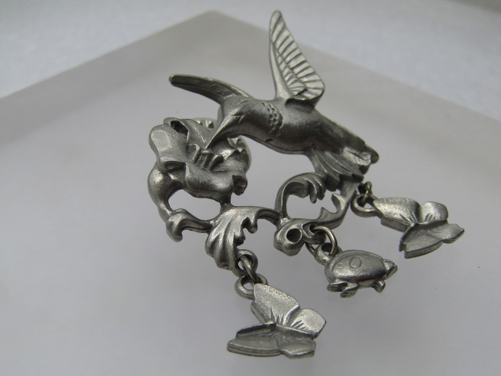 Vintage Hummingbird Floral, Butterfly & Ladybug Lapel/Tack Pin, Signed LCD, Pewter, 1980's-1990's - 3