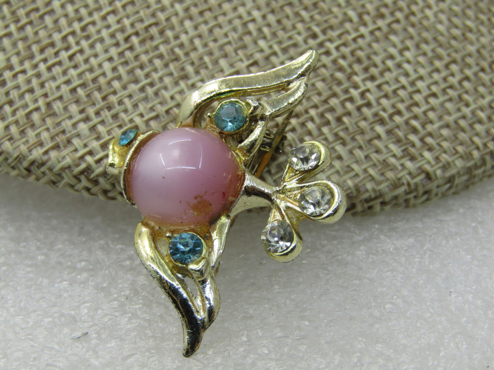 Vintage Pink Faux Moonstone & Rhinestone Bird Brooch, 1960's, 1.5" - 3