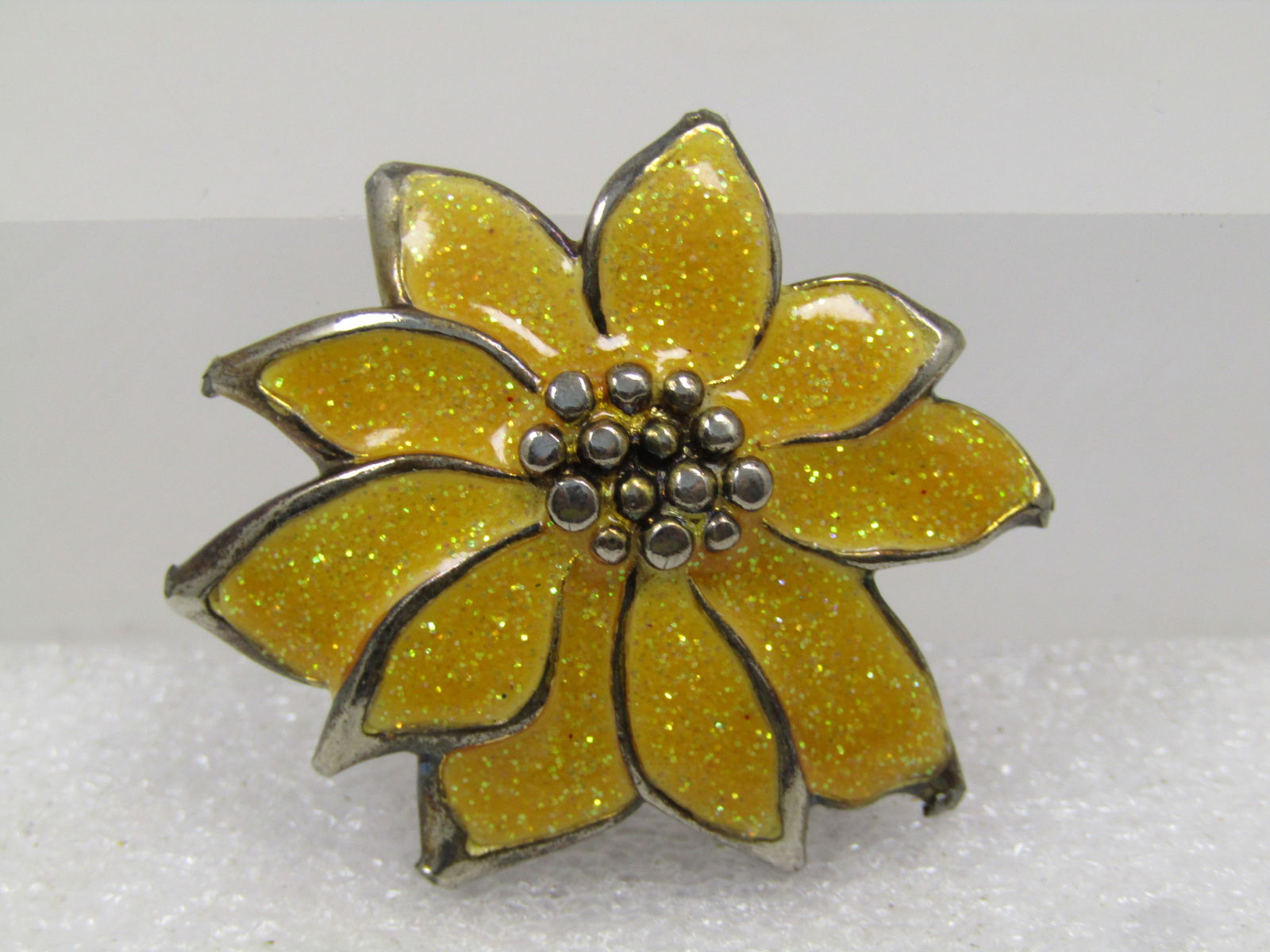 Vintage Glitter Enameled Blossom Brooch, 1980's: Vintage Glitter Enameled Yellow Blossom Brooch, 1980's. I believe this is a poinsettia - at first I thought it was a sunflower but I do think it is a poinsettia - but it can be whatever you want it to