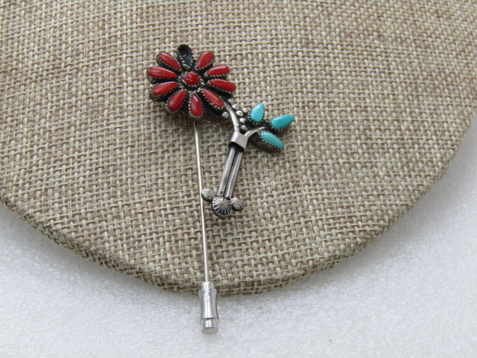 Vintage Sterling Southwestern Coral & Tuquoise Stick Pin, Missing 1 Stone - 2