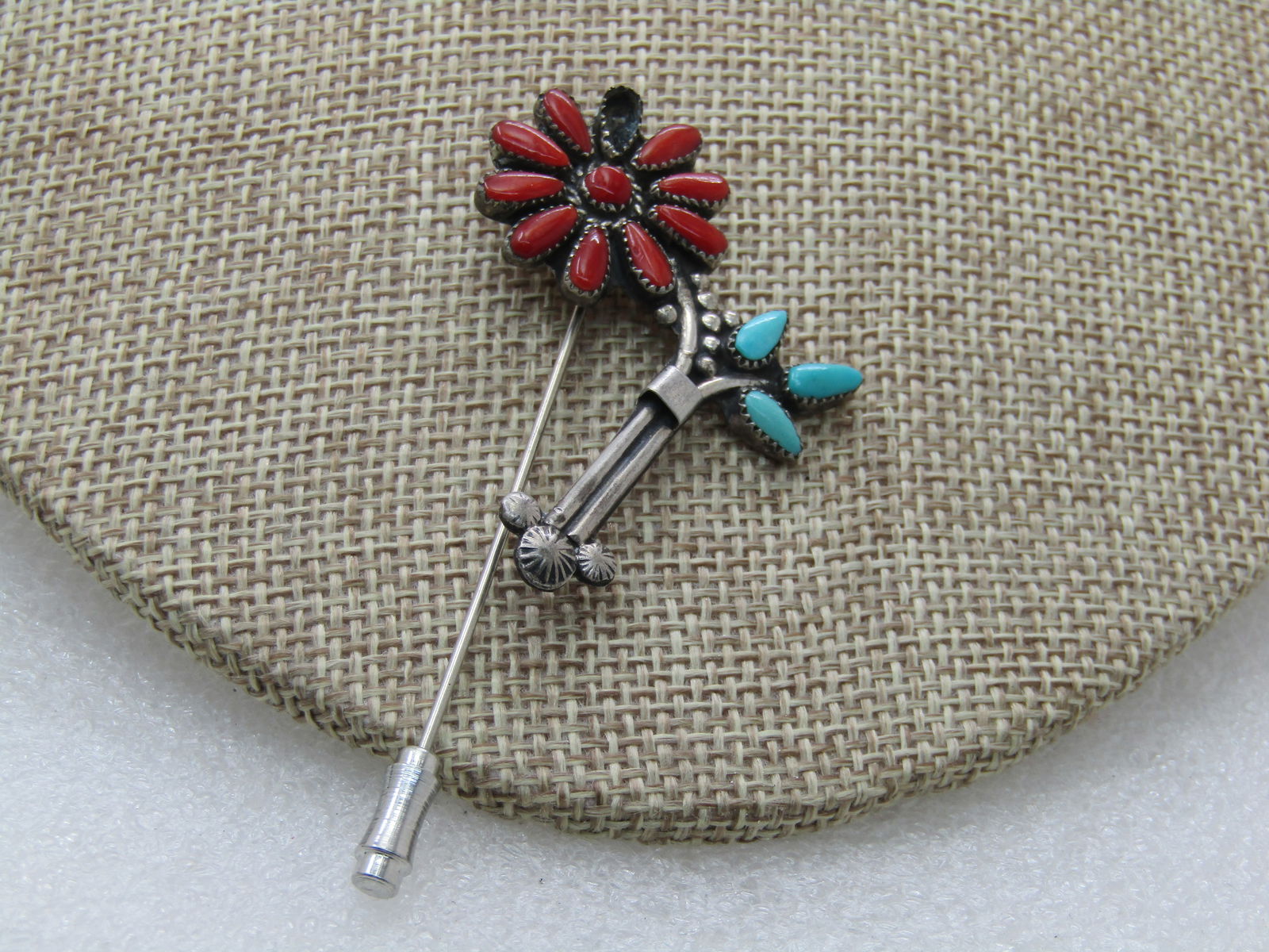 Vintage Sterling Southwestern Coral & Tuquoise Stick Pin, Missing 1 Stone - 3