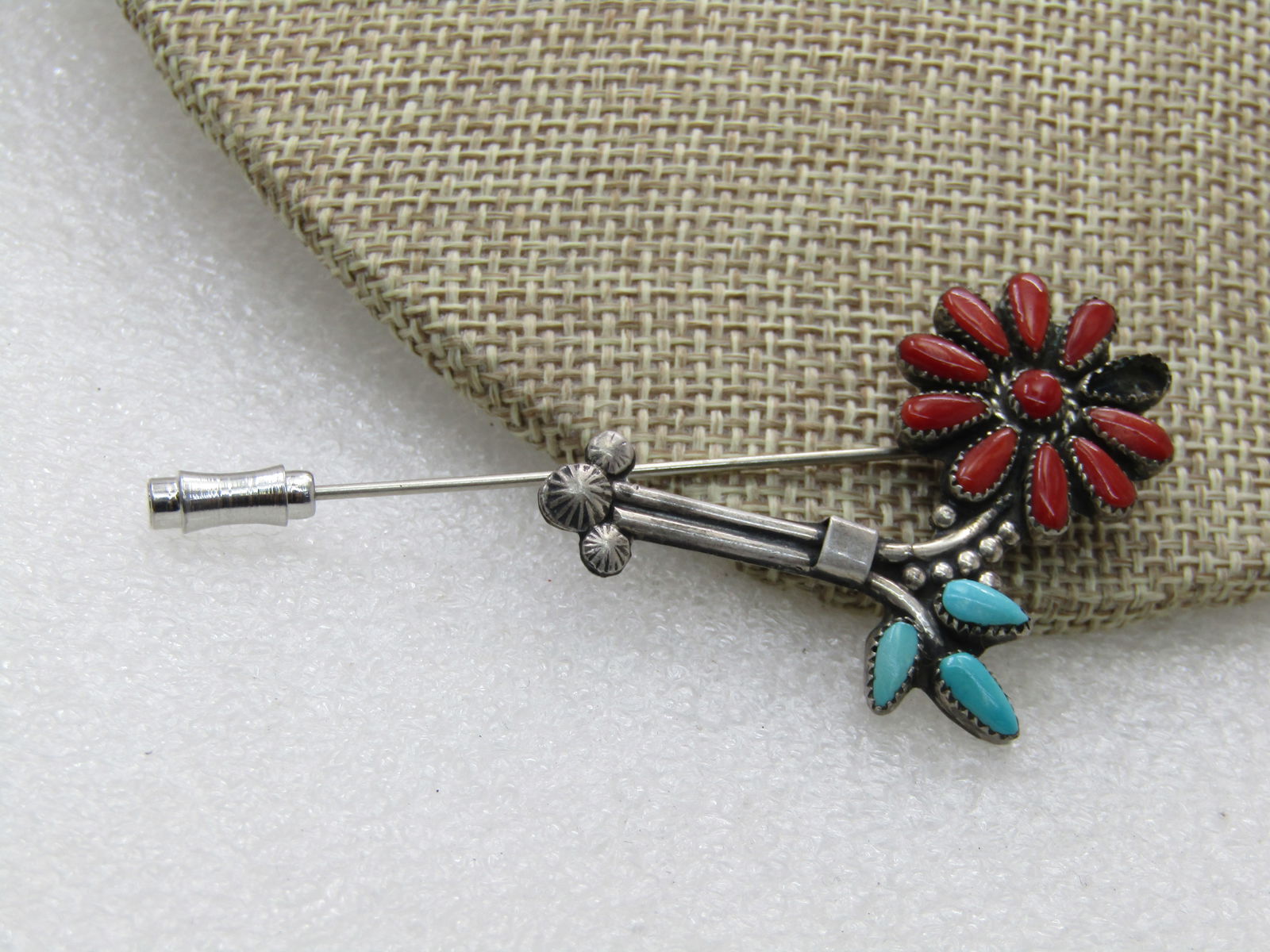 Vintage Sterling Southwestern Coral & Tuquoise Stick Pin, Missing 1 Stone - 4