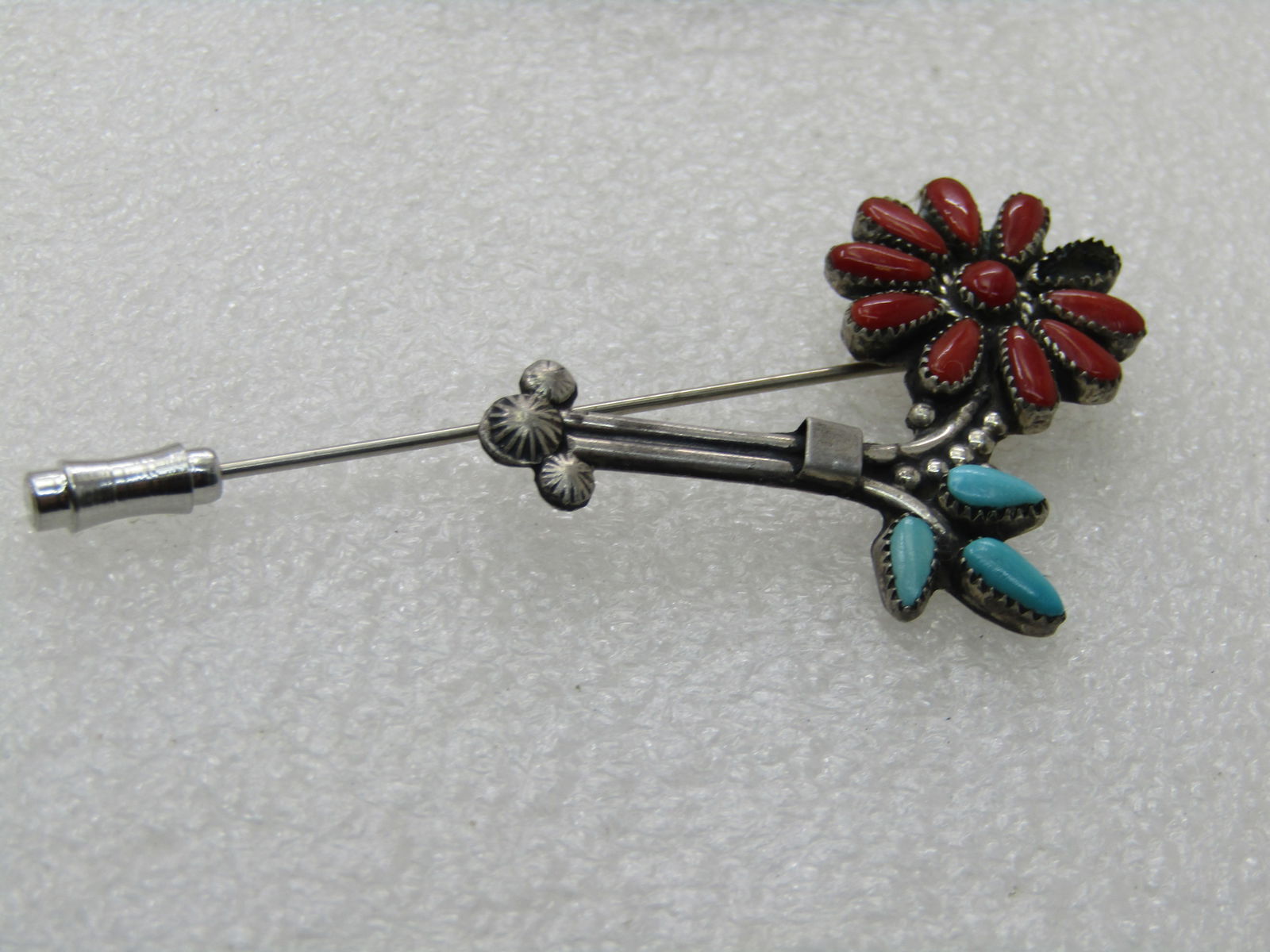 Vintage Sterling Southwestern Coral & Tuquoise Stick Pin, Missing 1 Stone - 7