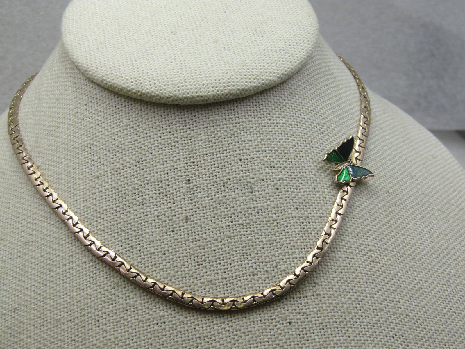 Vintage Enameled Butterfly Herringbone Necklace, 15".1970's, Signed Avon - 2