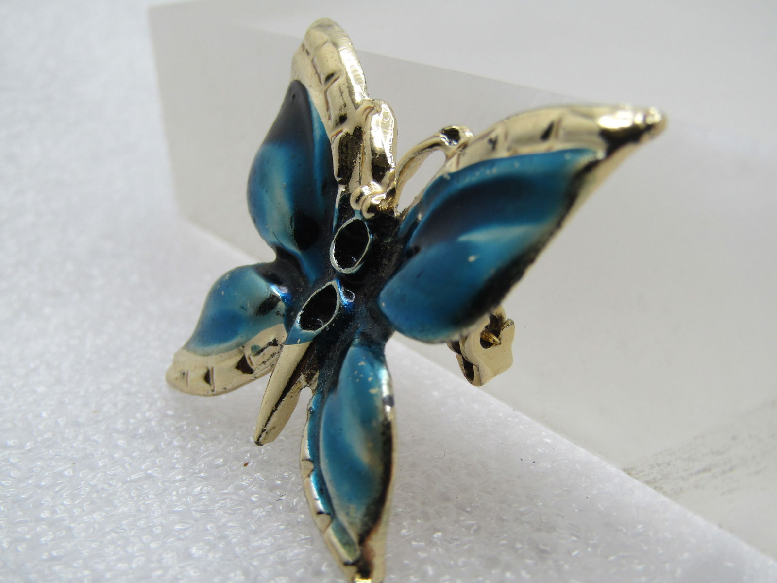 Vintage Aqua Enameled Butterfly Brooch, Two Topaz Rhinestones, 1970's - 2