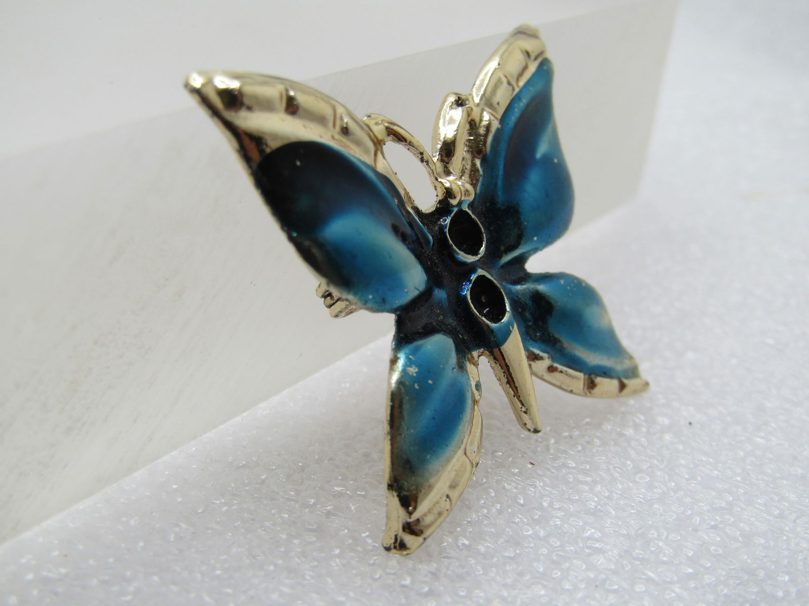 Vintage Aqua Enameled Butterfly Brooch, Two Topaz Rhinestones, 1970's - 3