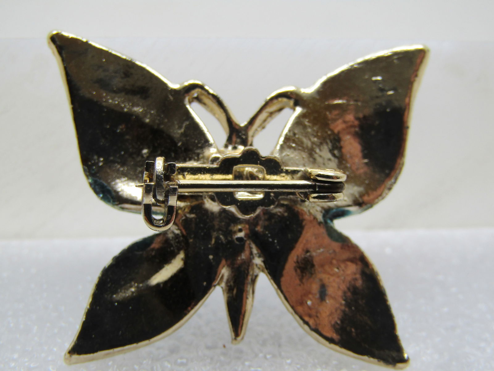 Vintage Aqua Enameled Butterfly Brooch, Two Topaz Rhinestones, 1970's - 4