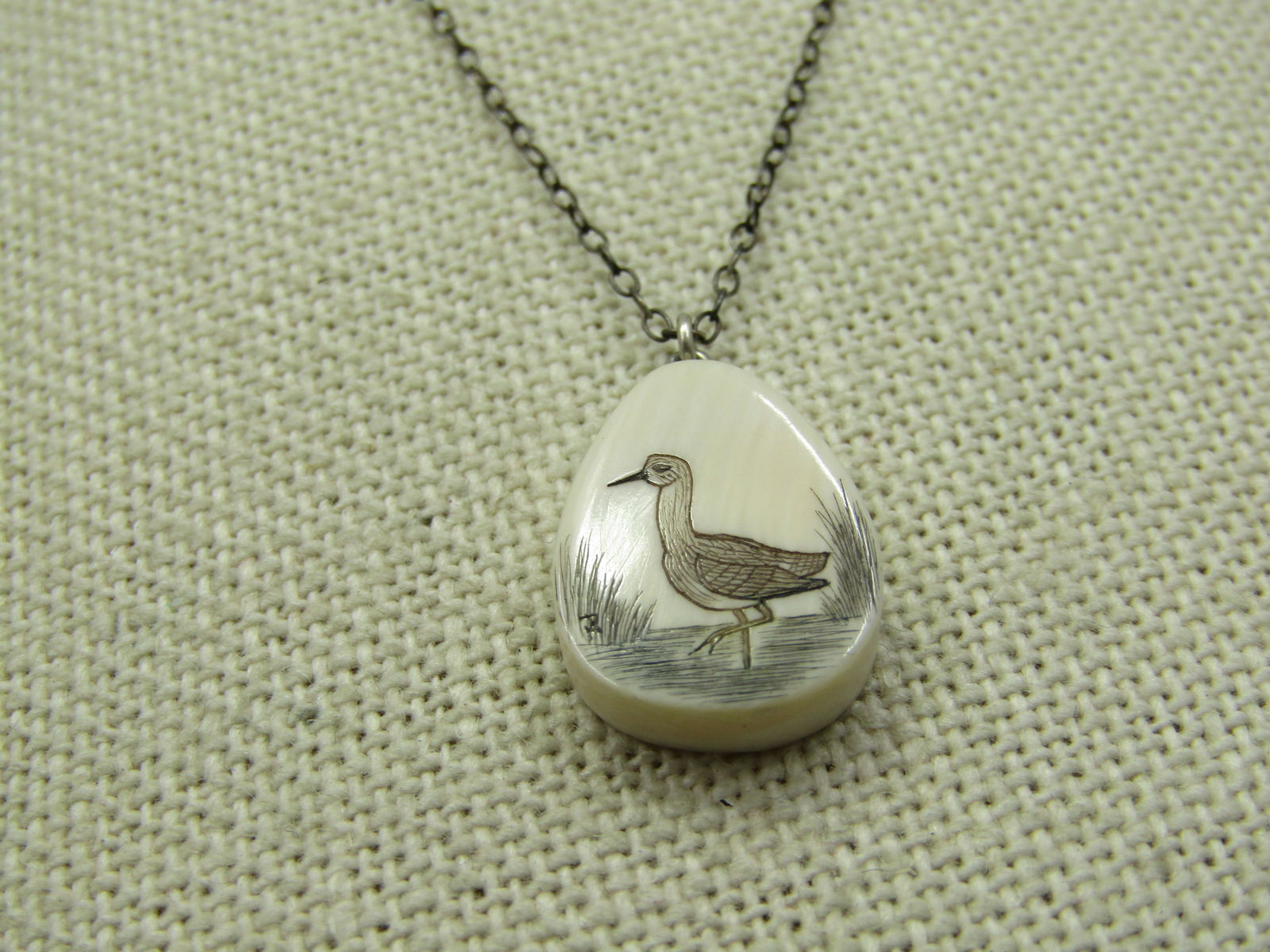 Vintage Sterling Seagull Scrimshaw Necklace, 16", Handmade - 2
