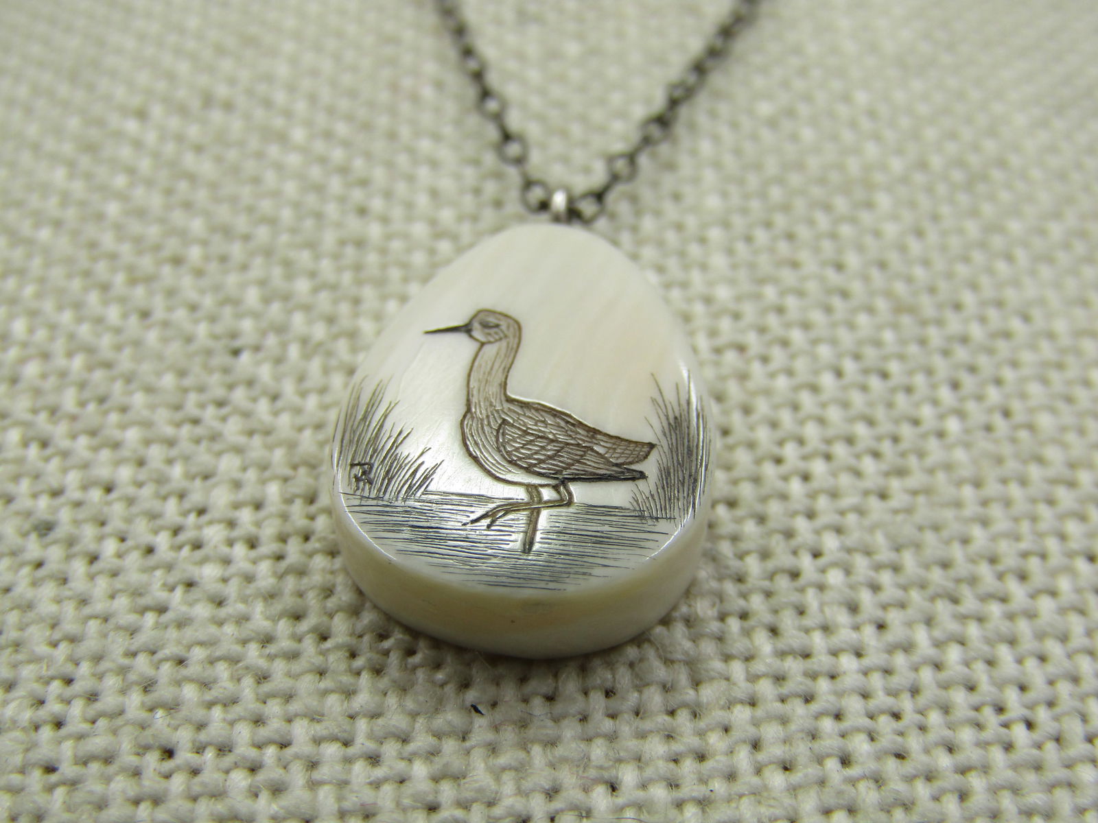 Vintage Sterling Seagull Scrimshaw Necklace, 16", Handmade - 3
