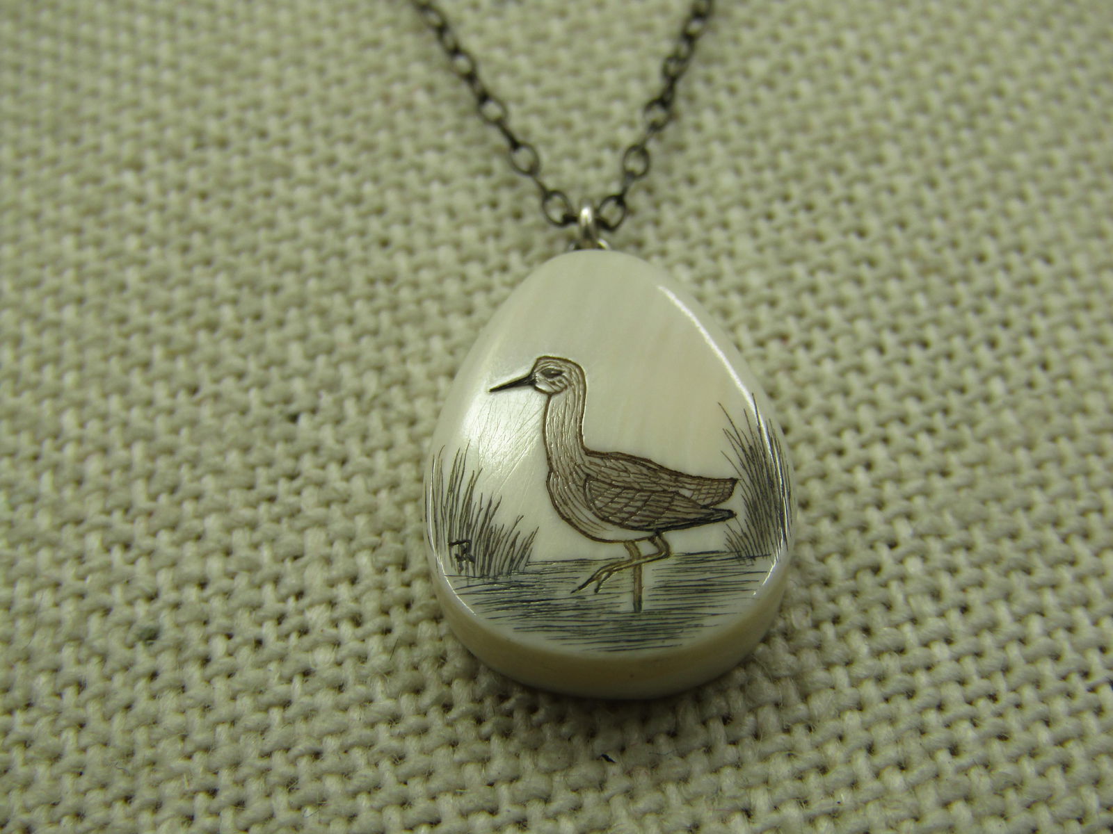 Vintage Sterling Seagull Scrimshaw Necklace, 16", Handmade - 4