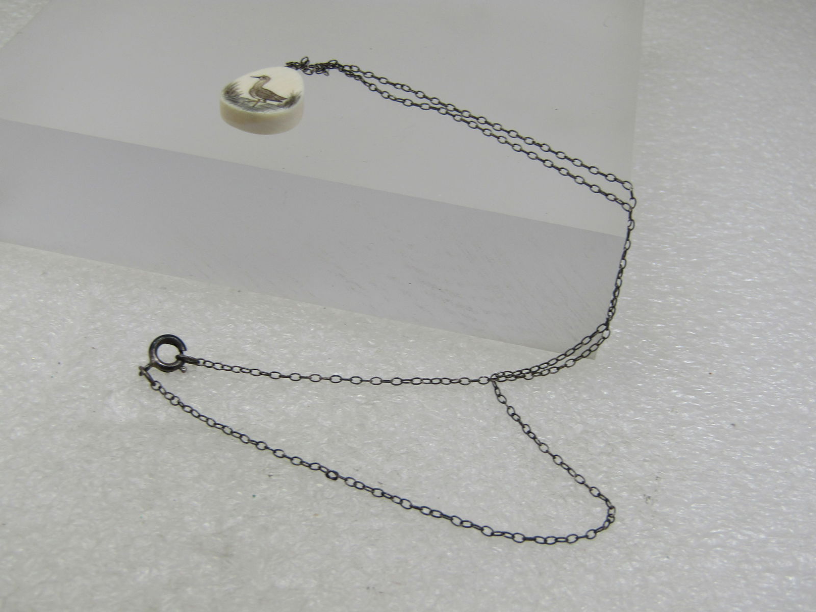 Vintage Sterling Seagull Scrimshaw Necklace, 16", Handmade - 6