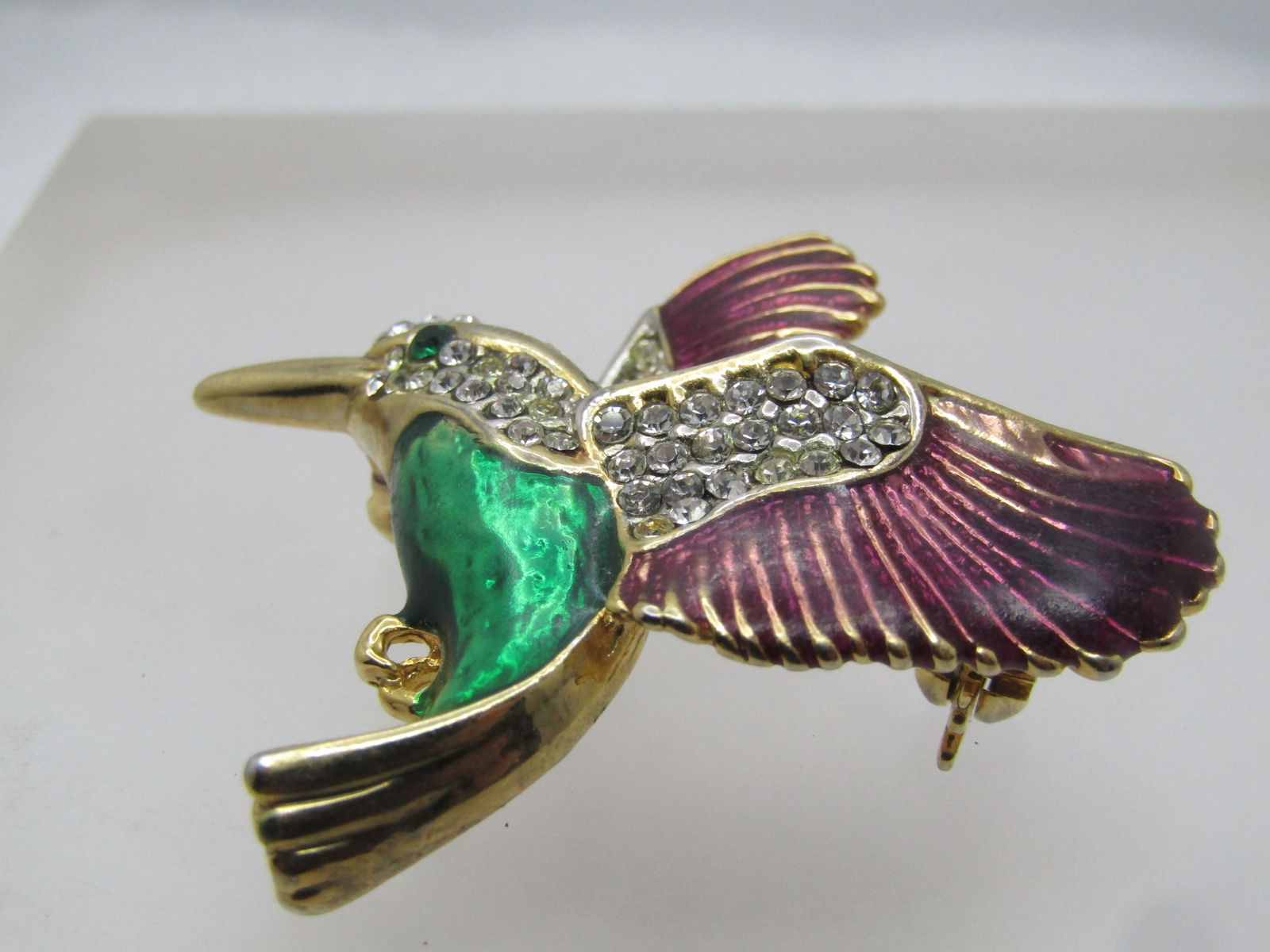 Vintage Enameled Rhinestone Hummingbird Brooch, 1980's - 5
