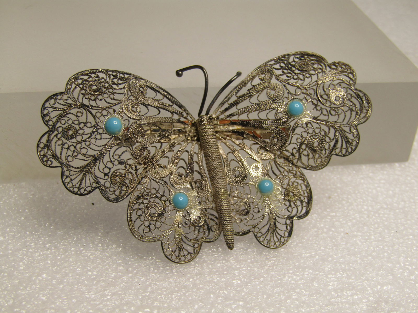 Vintage .800 Silver Filigree Butterfly Brooch, 1930's-1940's, Faux Turquoise Stones - 2