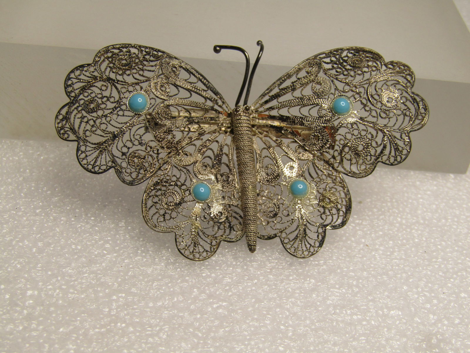 Vintage .800 Silver Filigree Butterfly Brooch, 1930's-1940's, Faux Turquoise Stones - 3