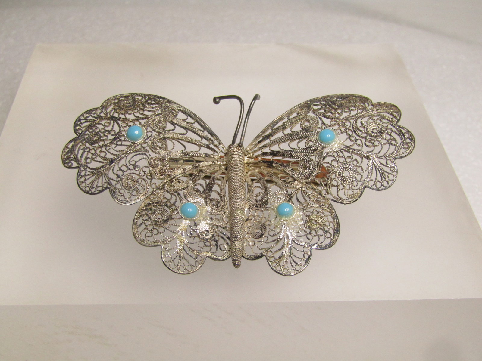 Vintage .800 Silver Filigree Butterfly Brooch, 1930's-1940's, Faux Turquoise Stones - 5