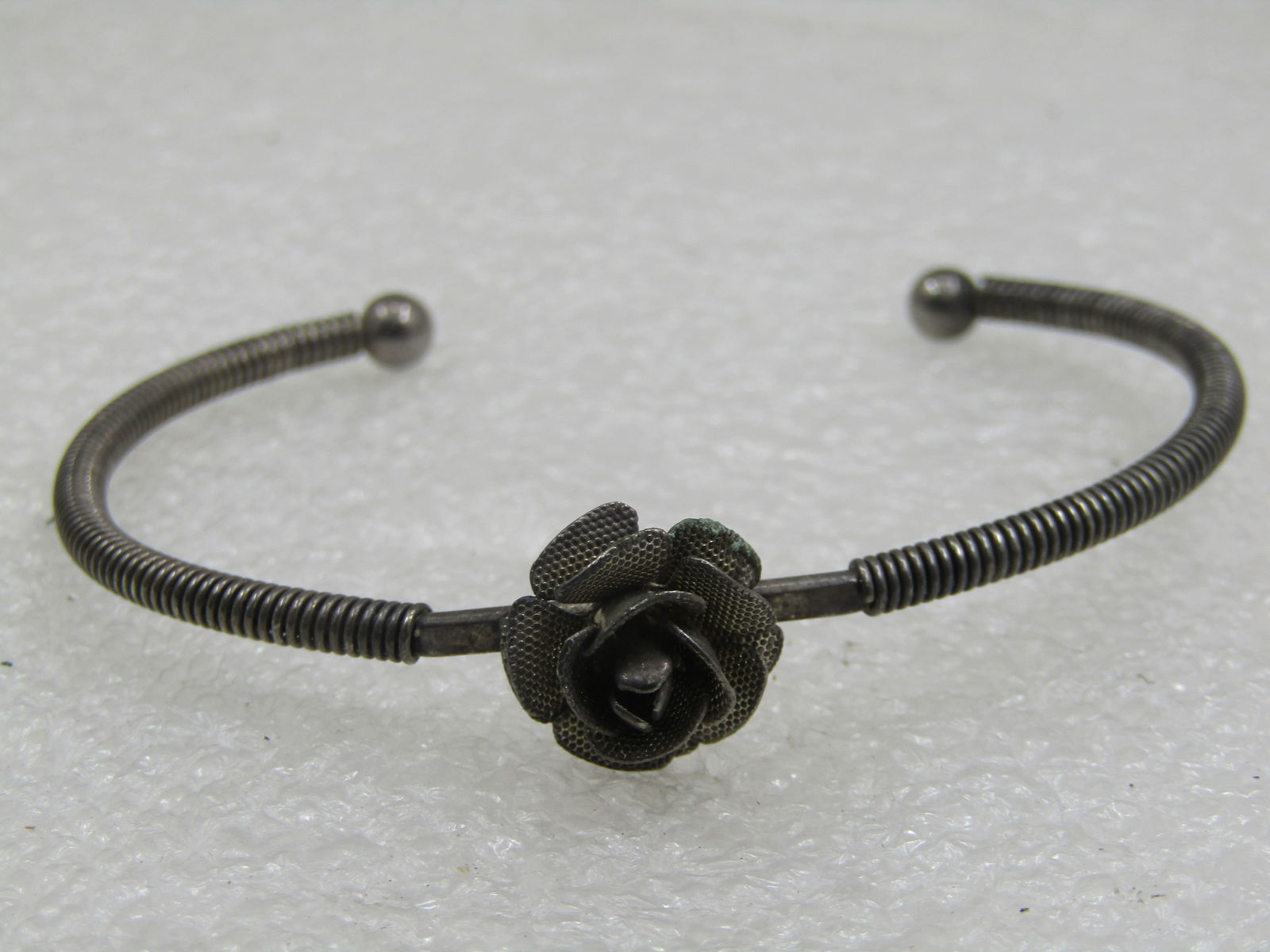 Vintage Silver Tone Rose Blossom Cuff Bracelet 6" - 5