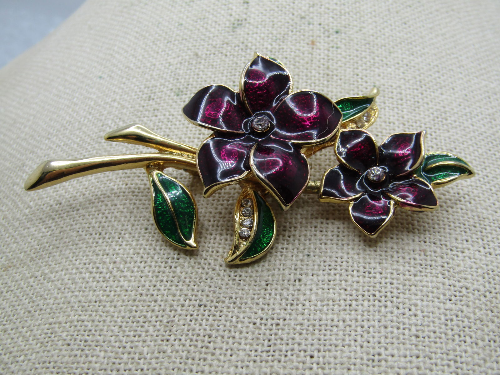 Vintage Purple & Green Enameled Floral Stem Brooch, with Rhinestones - 2