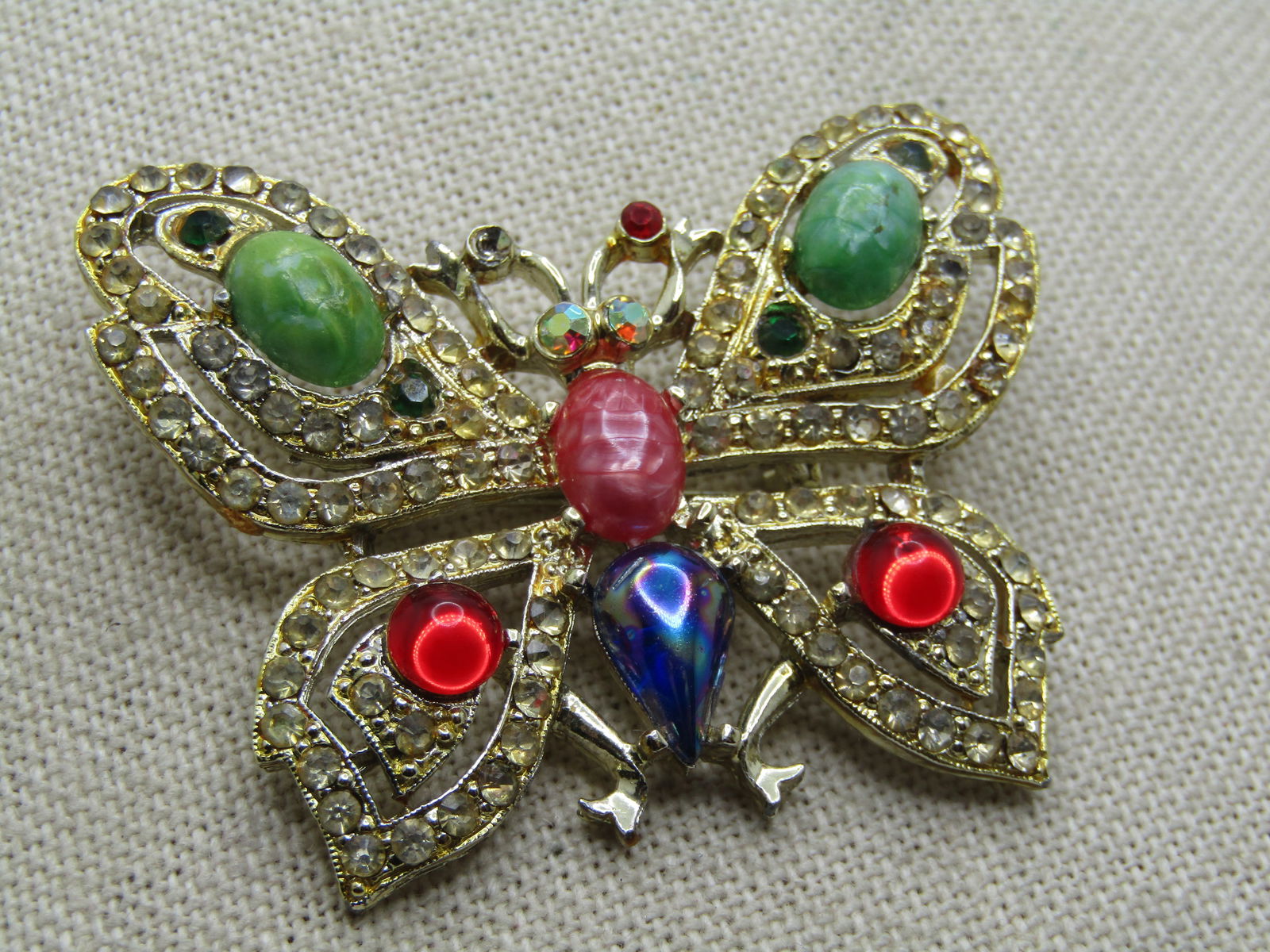 Vintage Rhinestone & Cabochon Butterfly Brooch, 1960's-1970's - 2
