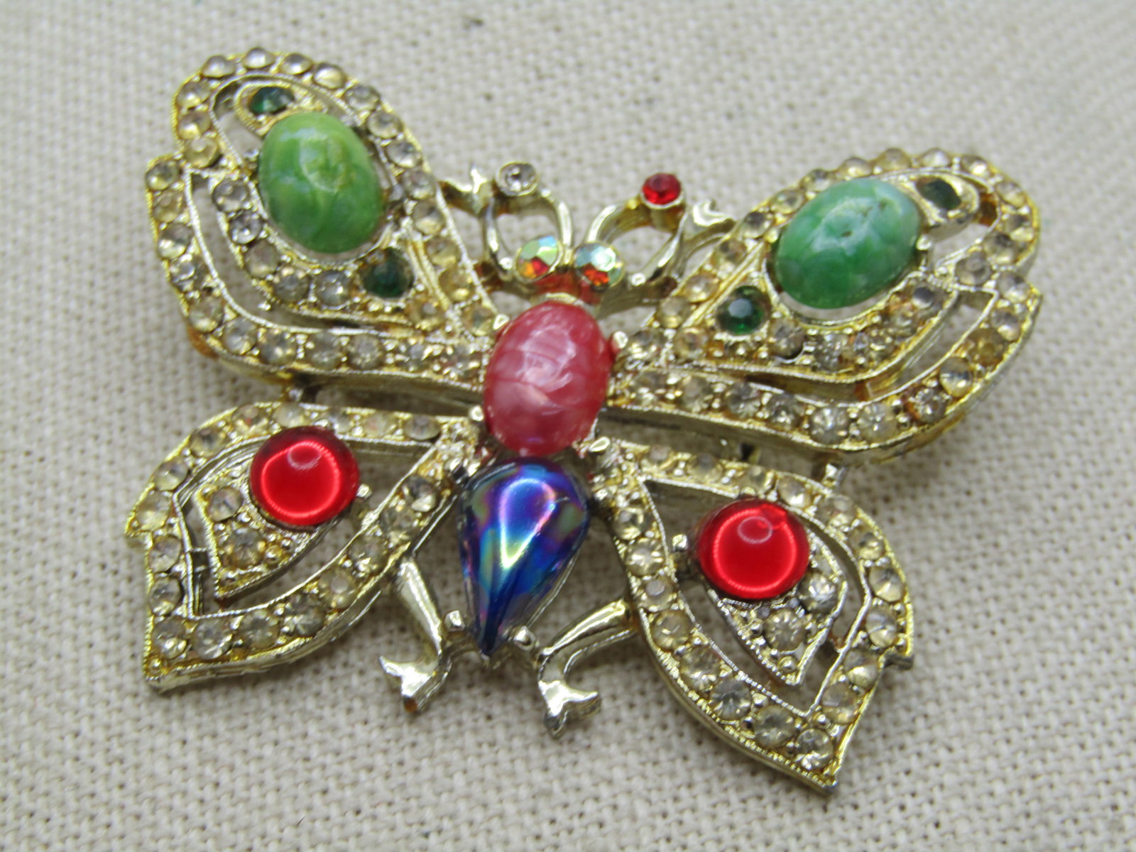 Vintage Rhinestone & Cabochon Butterfly Brooch, 1960's-1970's - 3