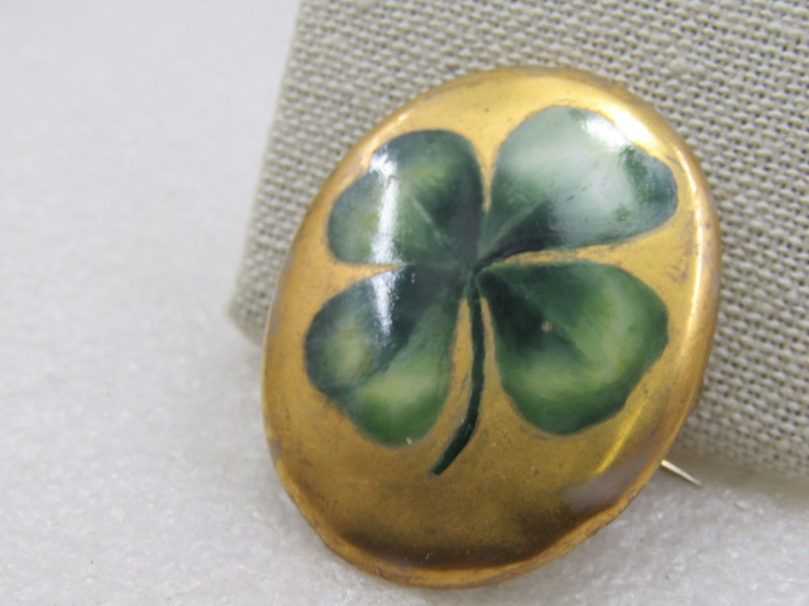 Victorian Painted Shamrock Brooch, Gold Background, C-Clasp - 2
