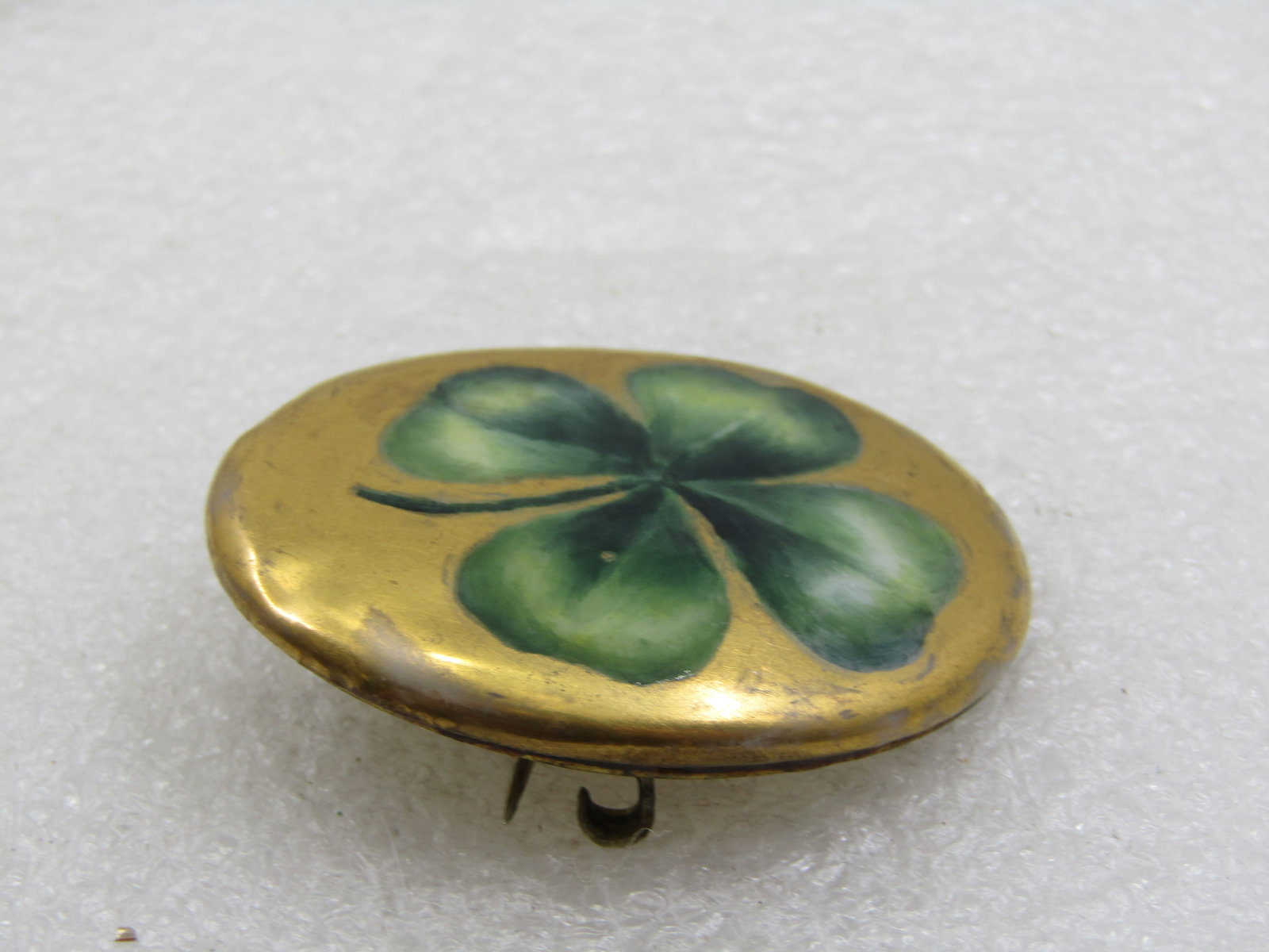 Victorian Painted Shamrock Brooch, Gold Background, C-Clasp - 6