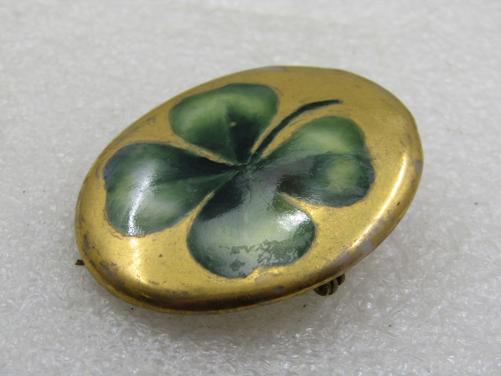 Victorian Painted Shamrock Brooch, Gold Background, C-Clasp - 7