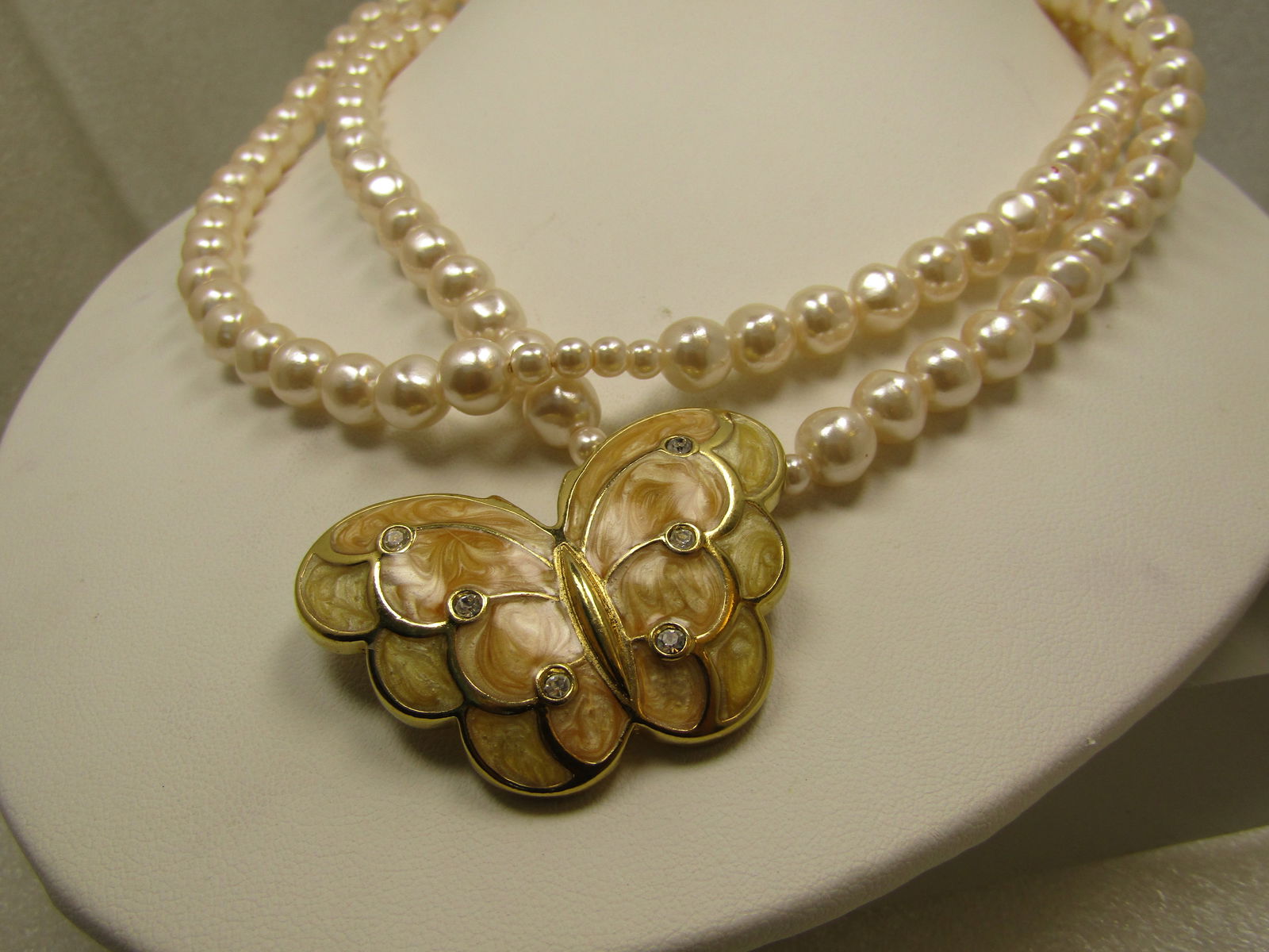 Vintage KJL Enameled Butterfly Pearl Necklace, for Avon, 34", 1980's-1990's - 2
