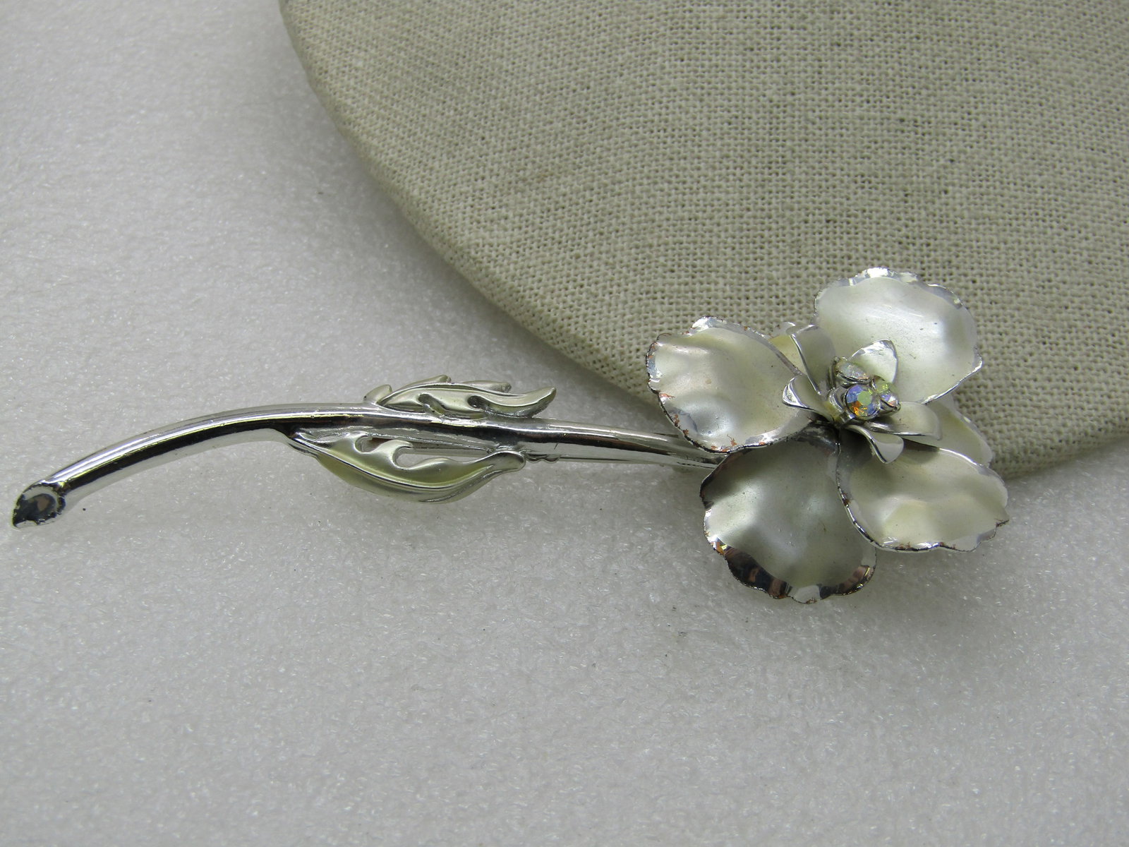 Vintage Long Floral Brooch, AB Rhinestones, 4.25" - 5