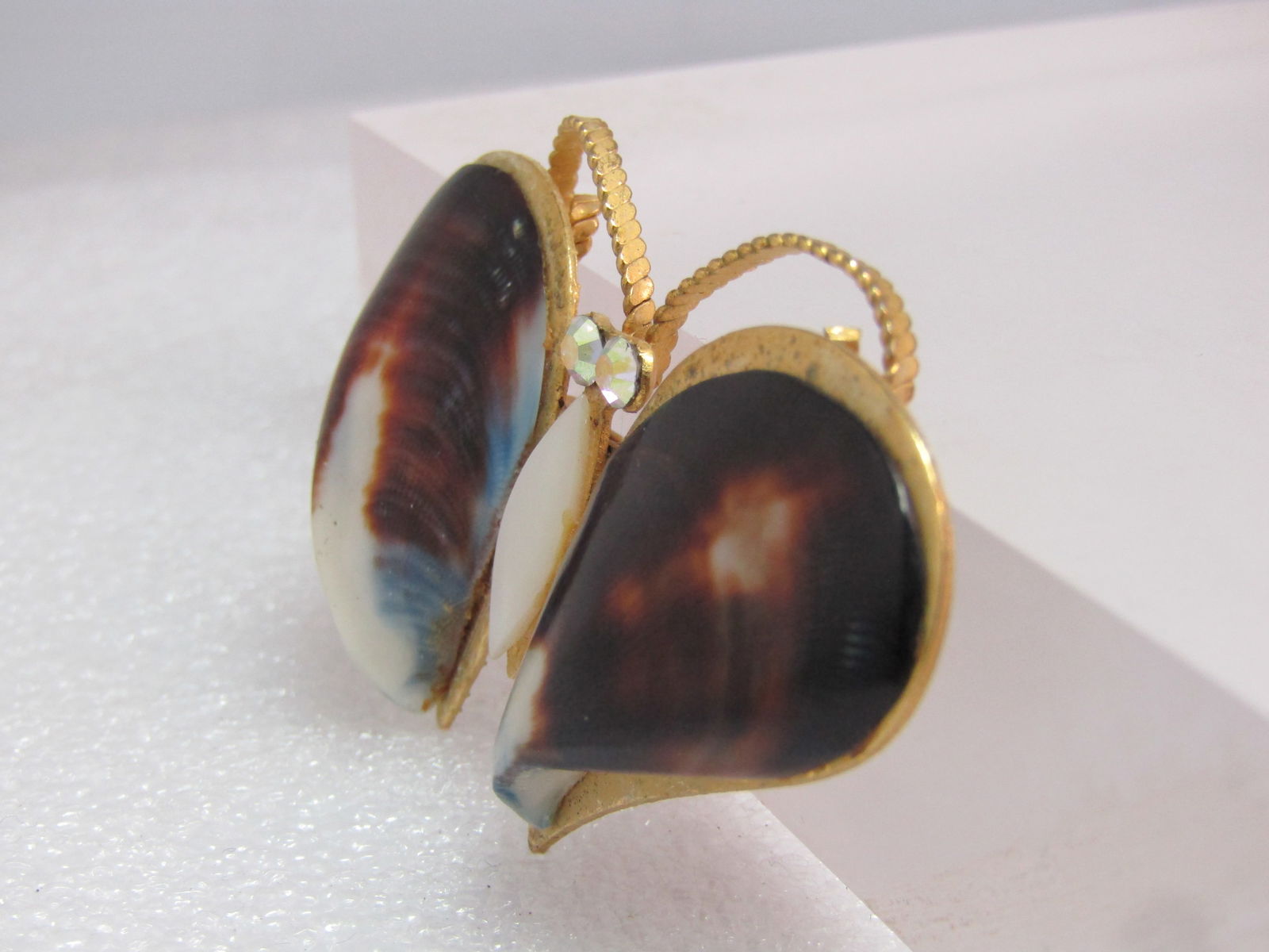 Vintage Butterfly/Moth Brooch, Shell Wings, MOP & AB RS, 1970's - 2