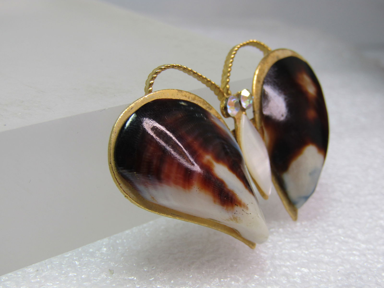 Vintage Butterfly/Moth Brooch, Shell Wings, MOP & AB RS, 1970's - 3