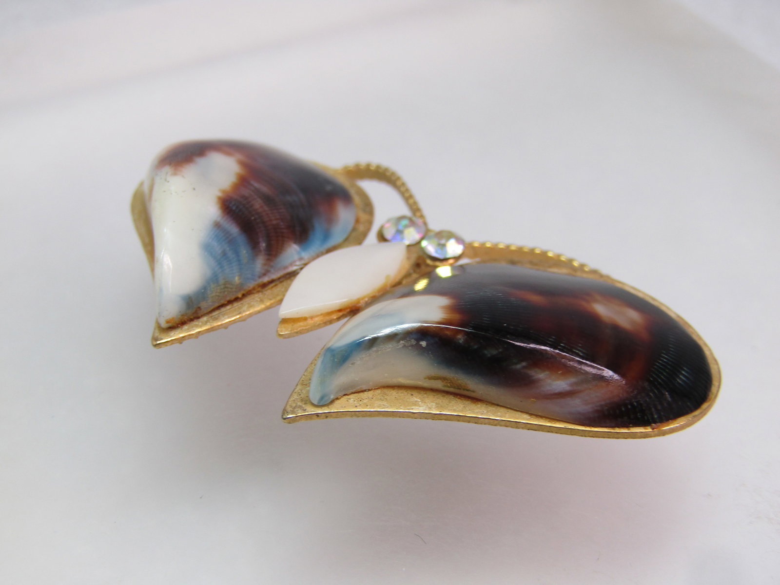 Vintage Butterfly/Moth Brooch, Shell Wings, MOP & AB RS, 1970's - 4