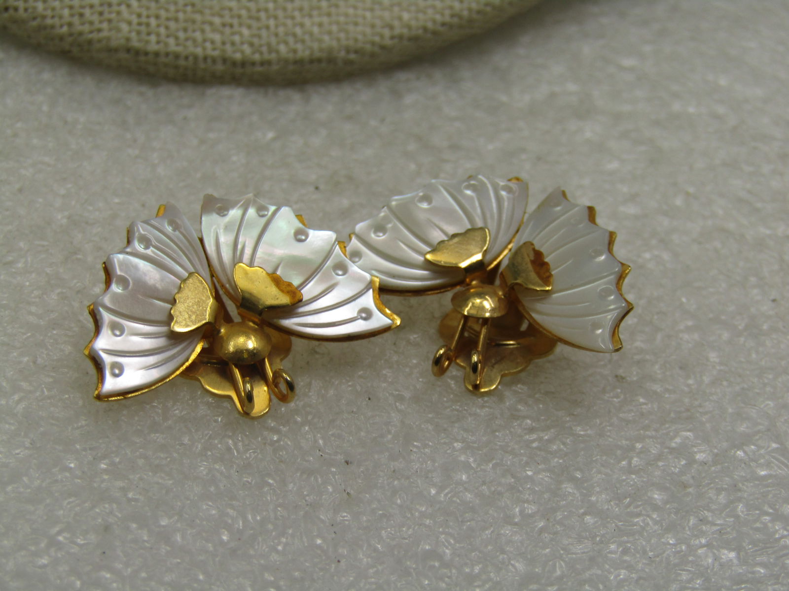 Vintage Mother-of-Pearl Butterfly Earrings, Clip, 1" - 5