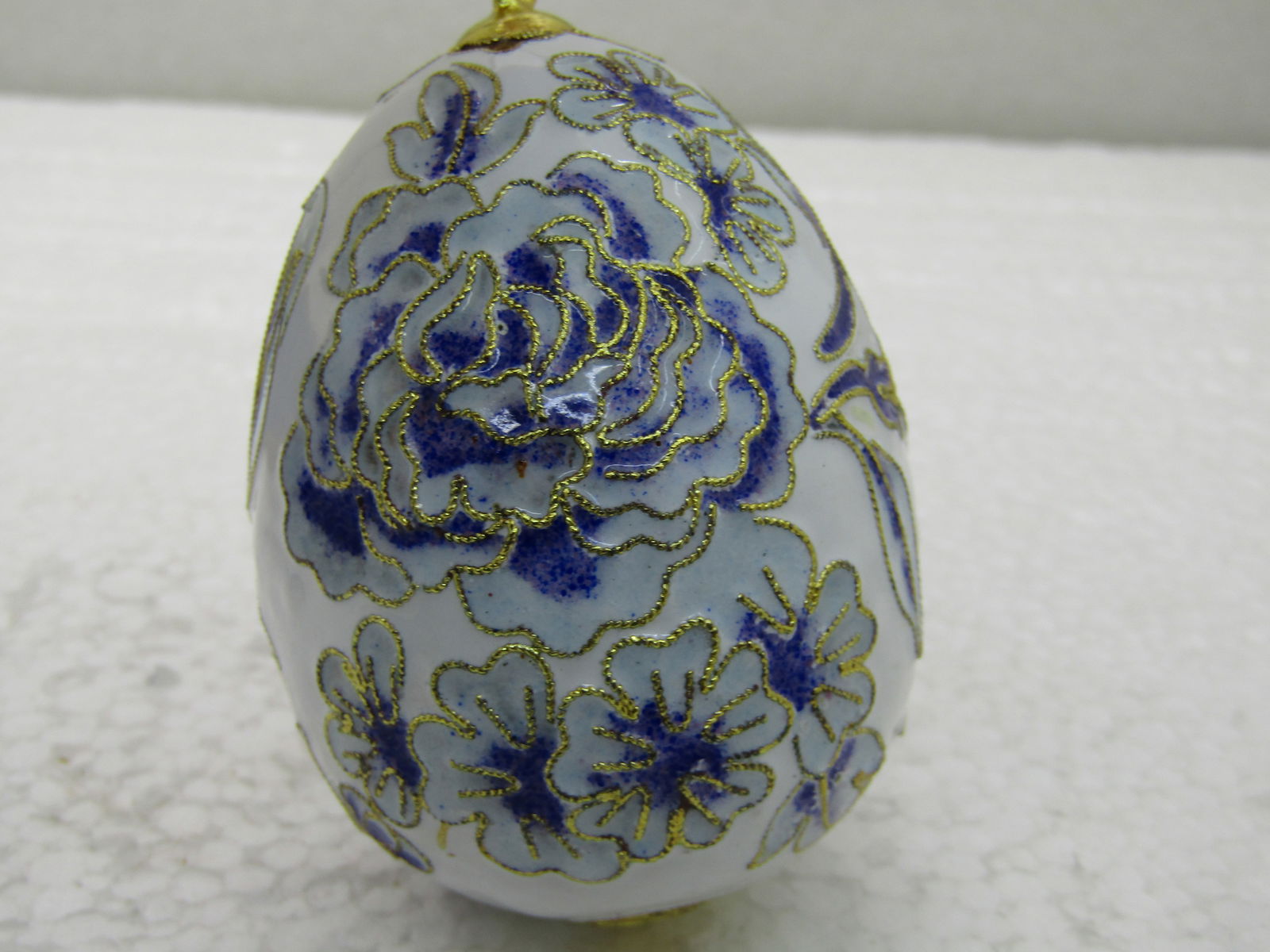 Cloissonne Blue & White Floral Egg, 2.5" Tall - 2