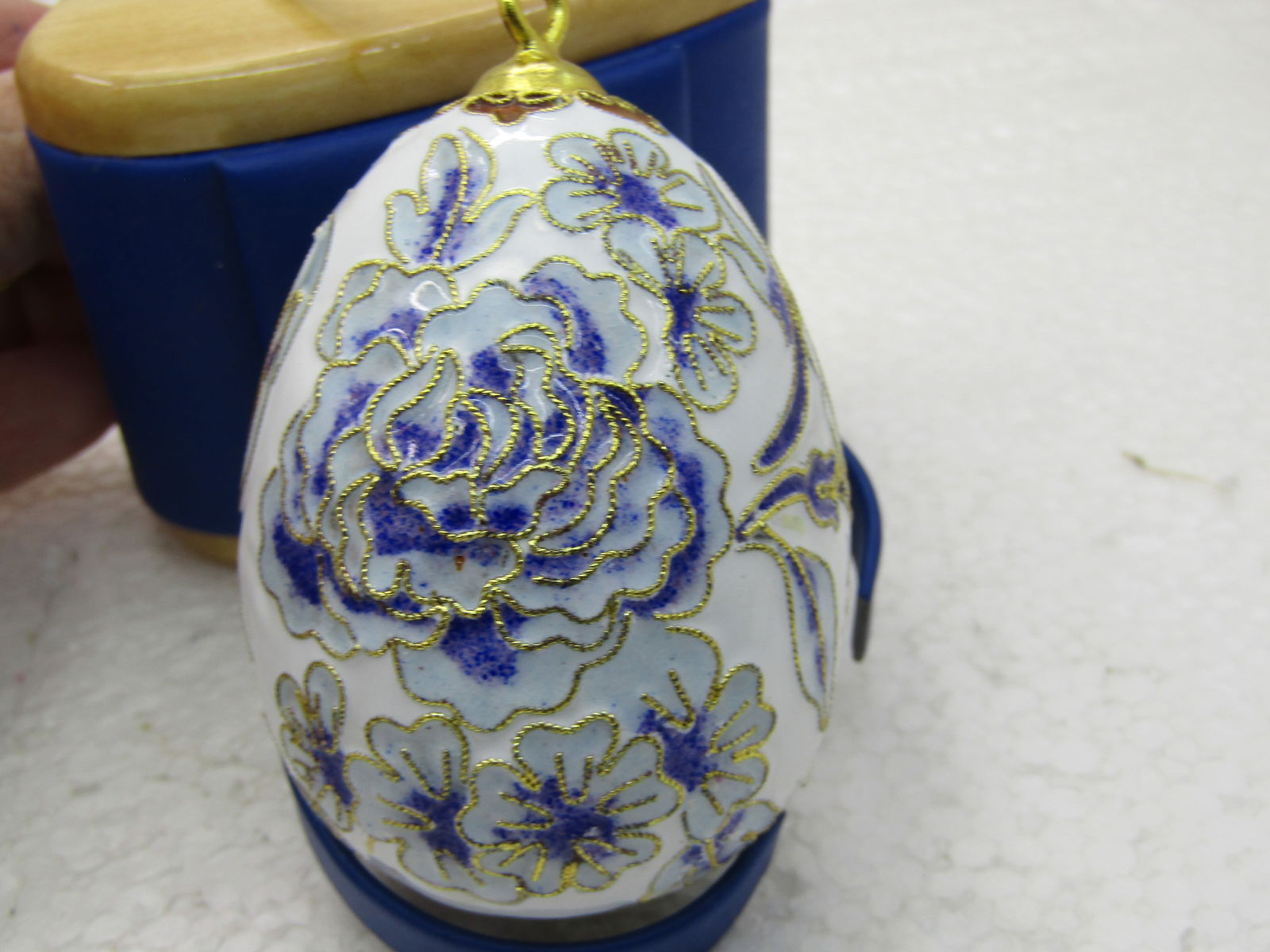 Cloissonne Blue & White Floral Egg, 2.5" Tall - 7