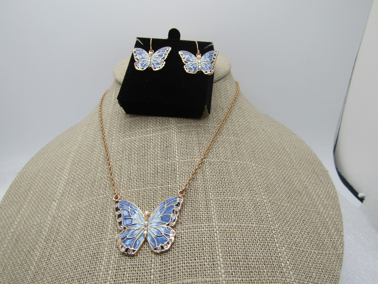 Vintage Enameled Butterfly Necklace & Earrings Set, 20", In Box - 2