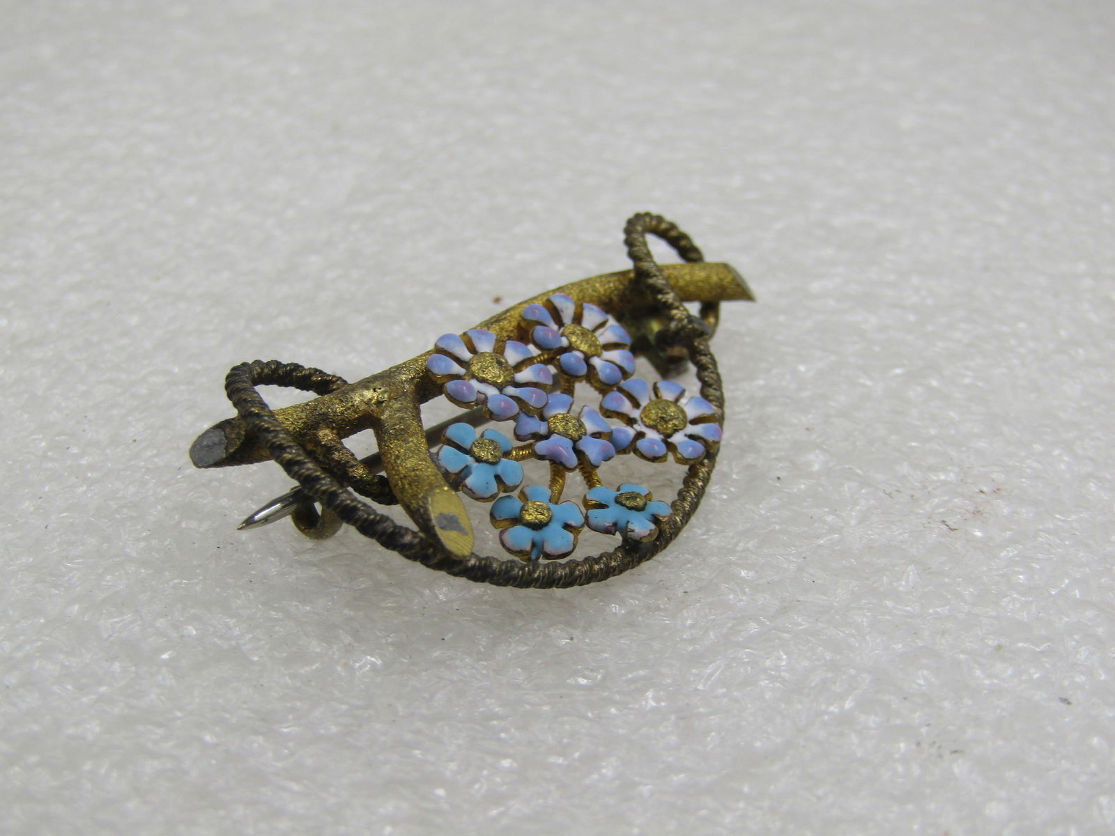 Antique Enameled Forget-me-Not Brooch, Early 1900's, C-Clasp - 3