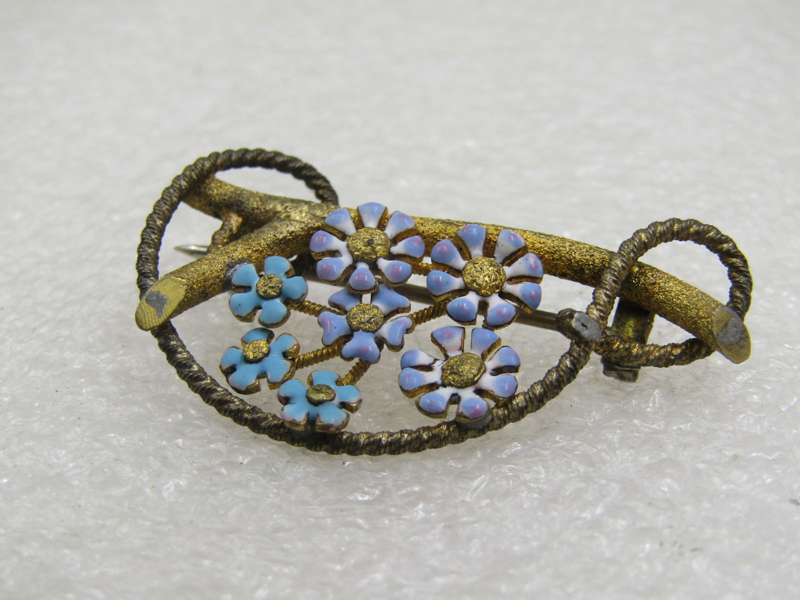 Antique Enameled Forget-me-Not Brooch, Early 1900's, C-Clasp - 4