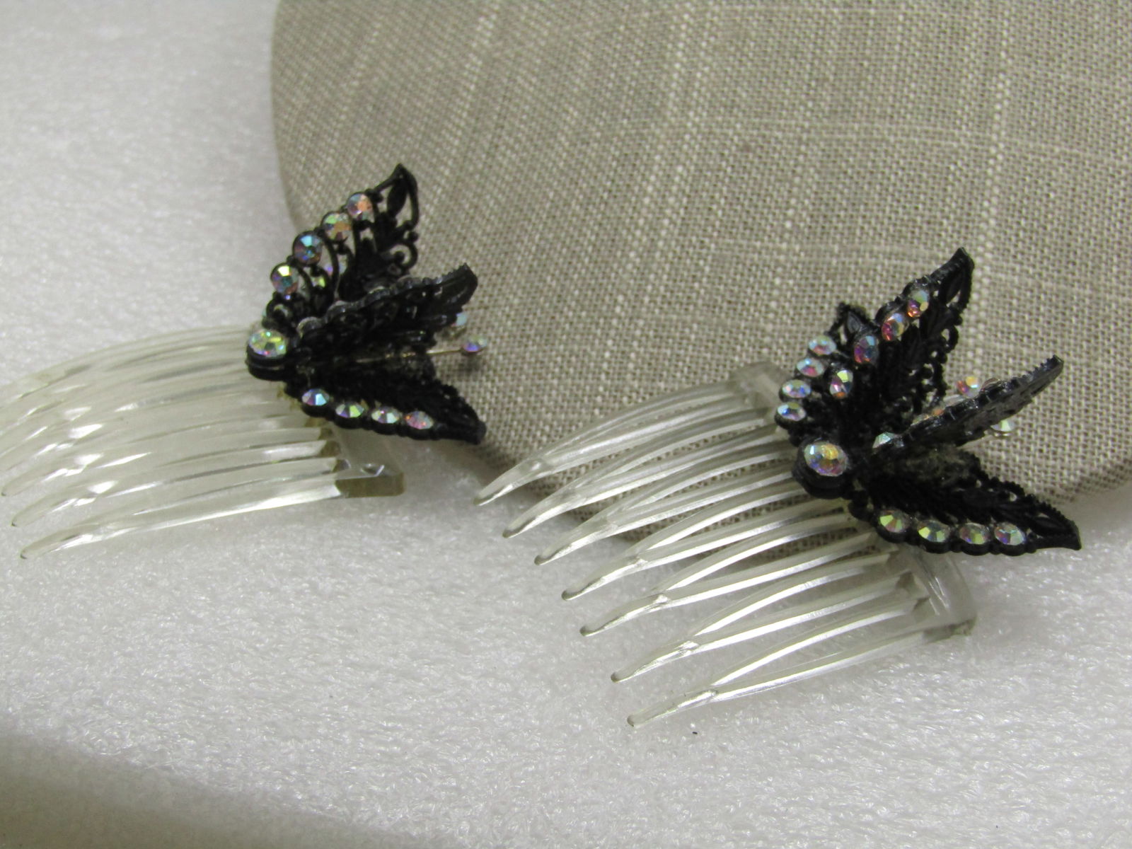 Two Black Butterfly Aurora Borealis Rhinestone Hair Combs - 2