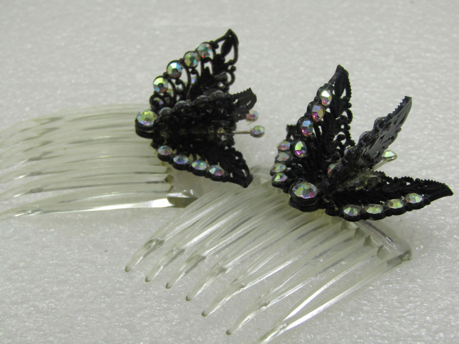 Two Black Butterfly Aurora Borealis Rhinestone Hair Combs - 3