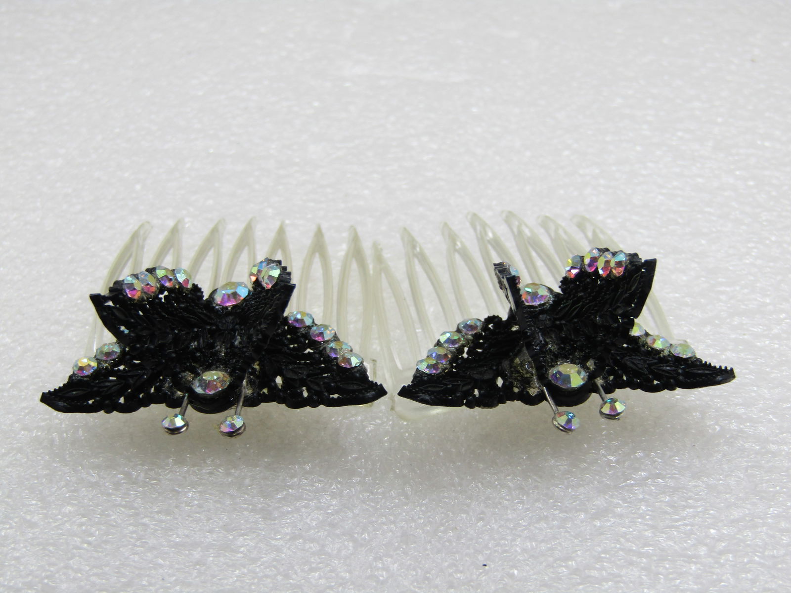 Two Black Butterfly Aurora Borealis Rhinestone Hair Combs - 5