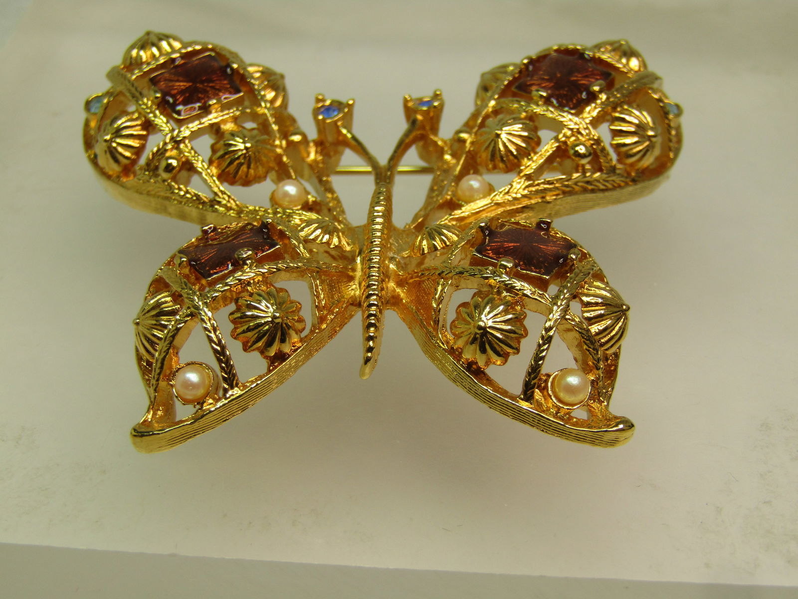 Vintage Enameled, Rhinestone Butterfly Brooch, Faux Pearl, Avon, 1970's - 2