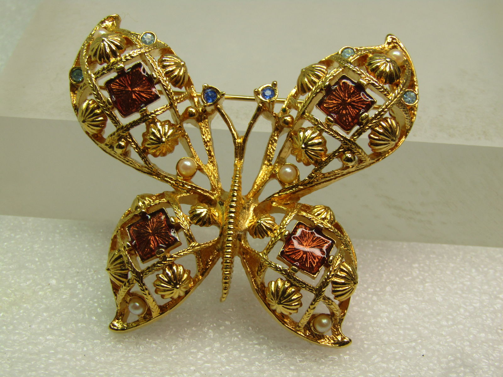 Vintage Enameled, Rhinestone Butterfly Brooch, Faux Pearl, Avon, 1970's - 5
