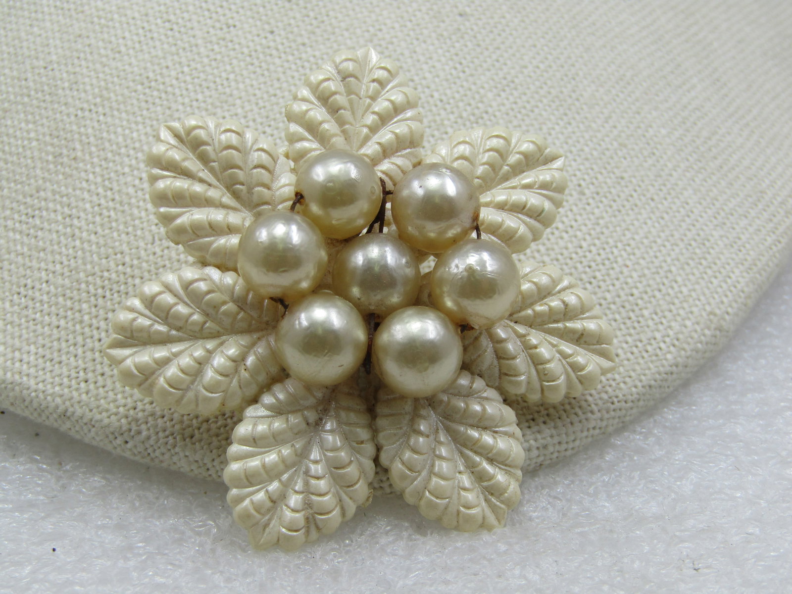 Vintage Celluloid Floral Faux Pearl Brooch, 2" - 3