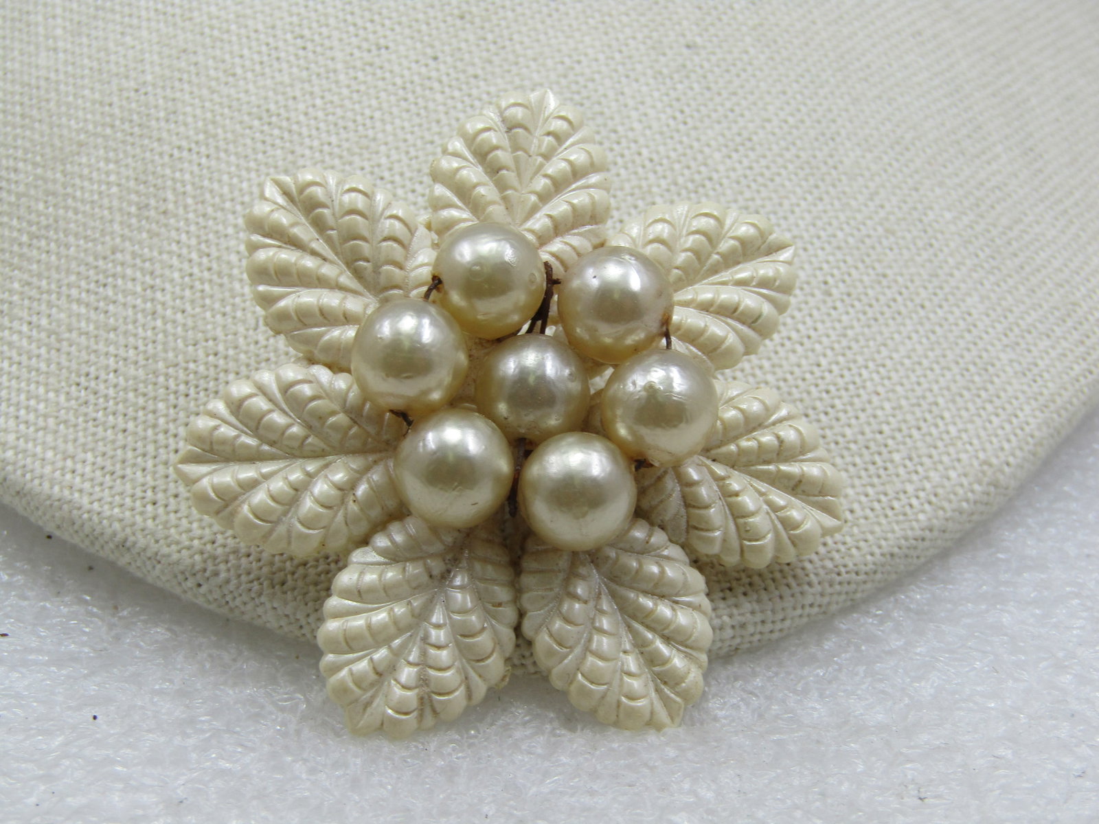 Vintage Celluloid Floral Faux Pearl Brooch, 2" - 4