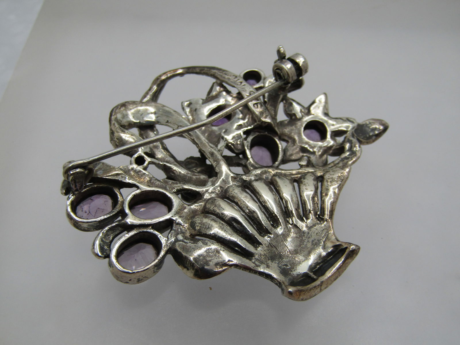 Vintage Sterling Amethyst Marcasite Floral Basket Brooch, 1980's, Signed - 7